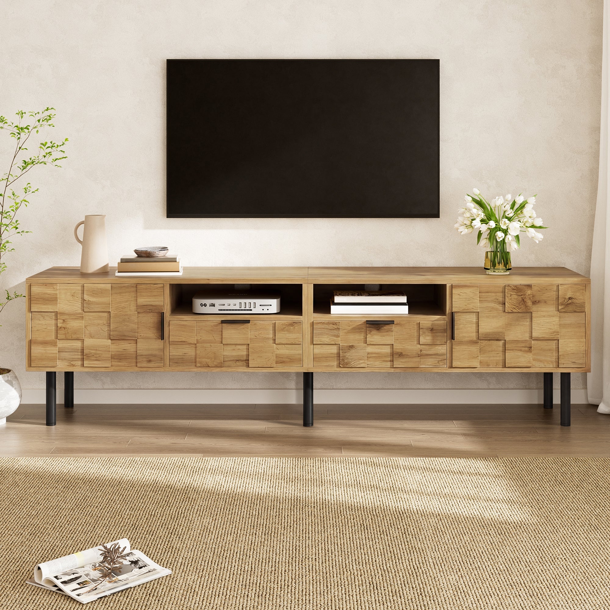 Mosaic TV Cabinet with 2 Doors, 2 Drawers and 2 Open Shelves, Wood Look Chipboard and Metal