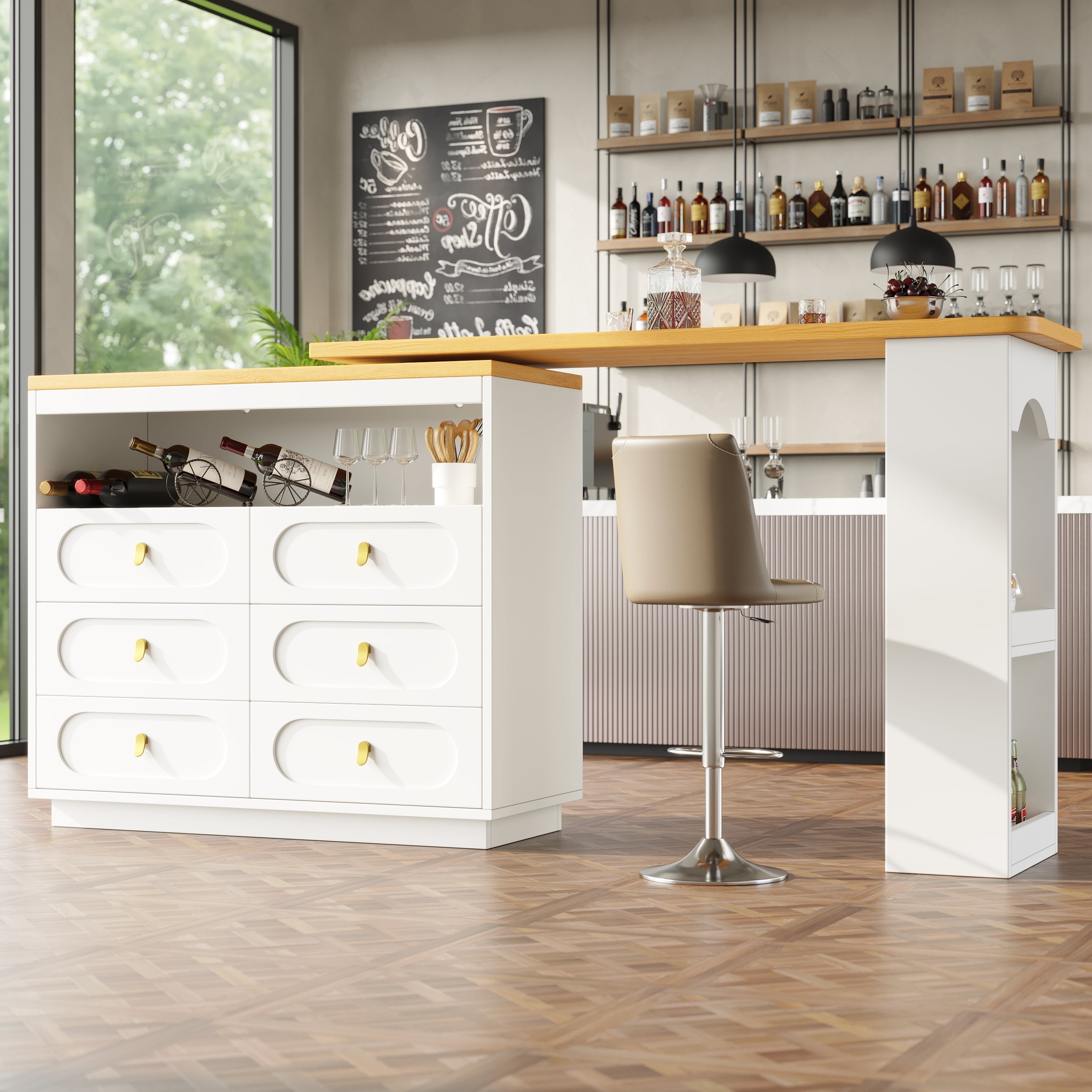 360° Rotating Bar Table, Dining Kitchen Island with Storage, White