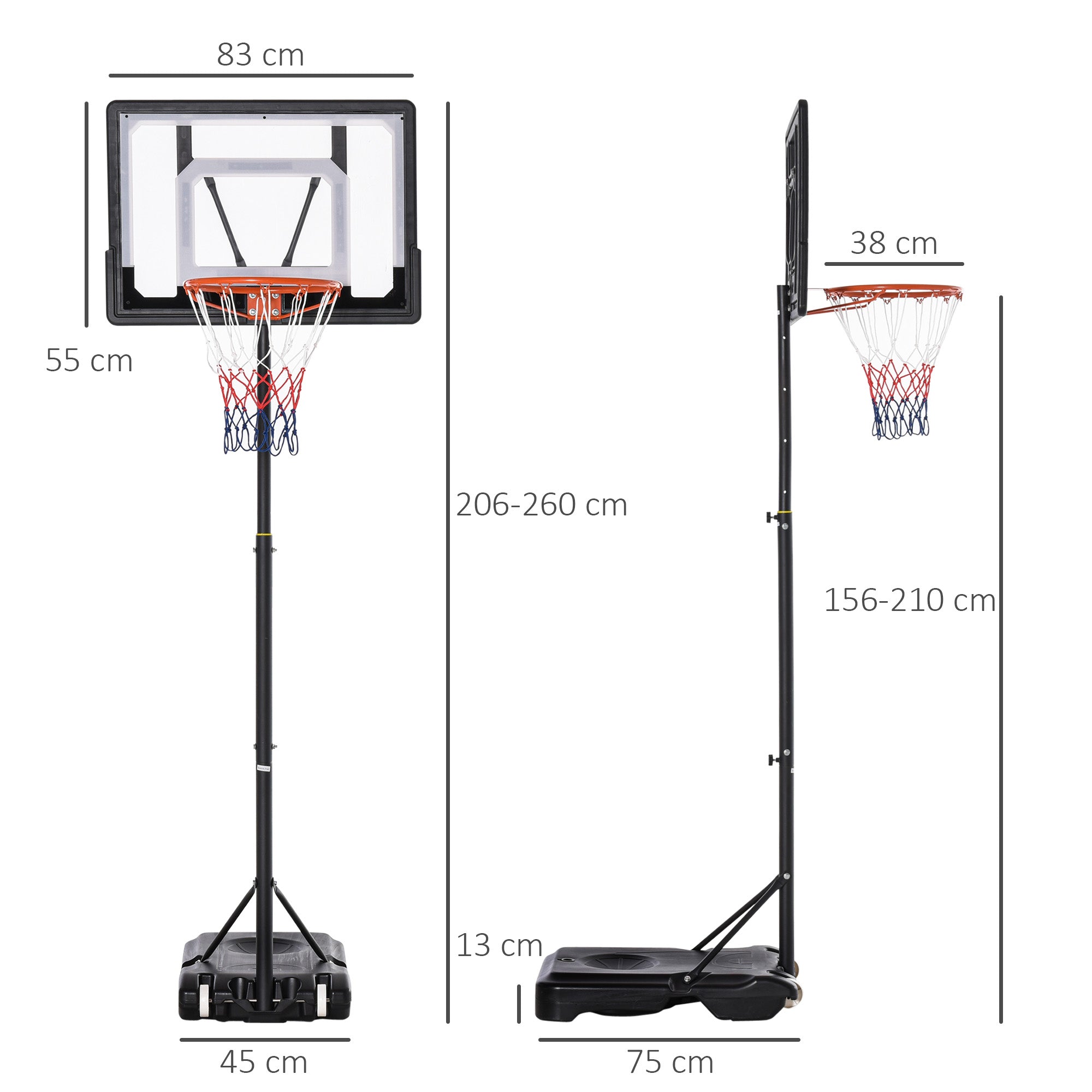 Outdoor-Basketballkorb, höhenverstellbarer Ständer mit Rollen, Schwarz
