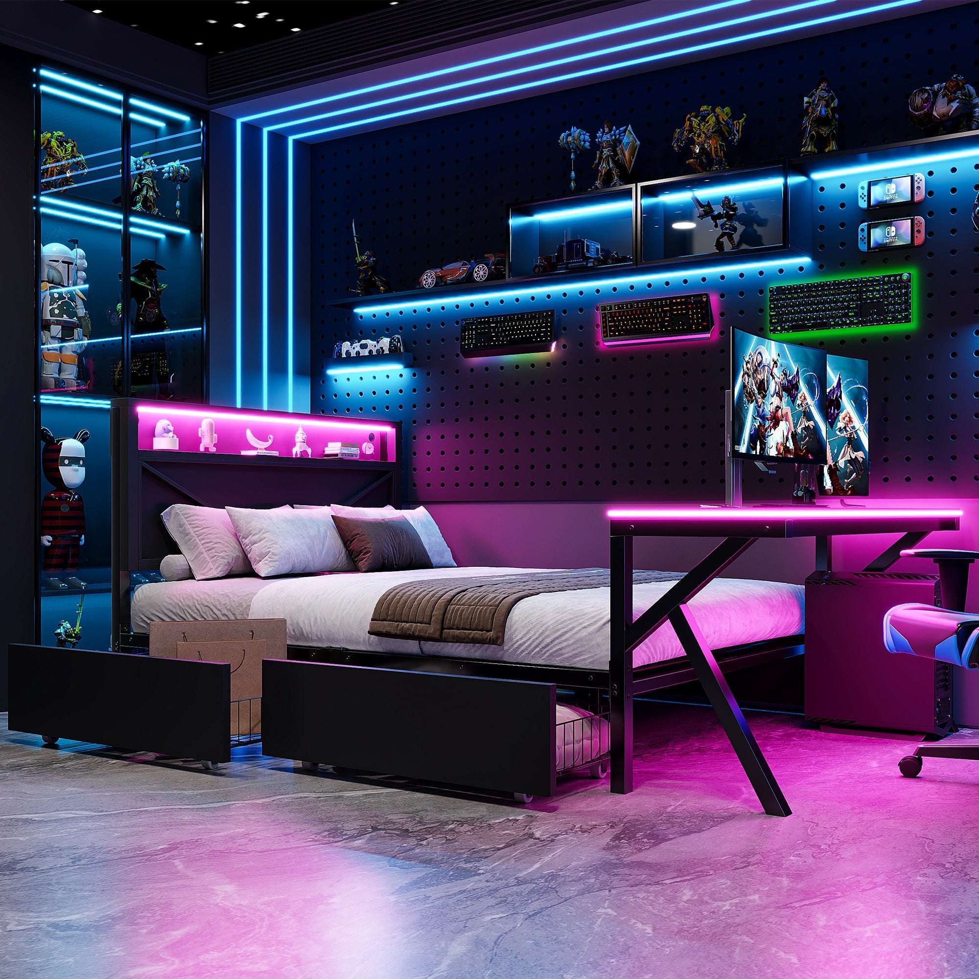Gaming Platform Bed with LED Headboard, Desk and Drawers, Black Metal