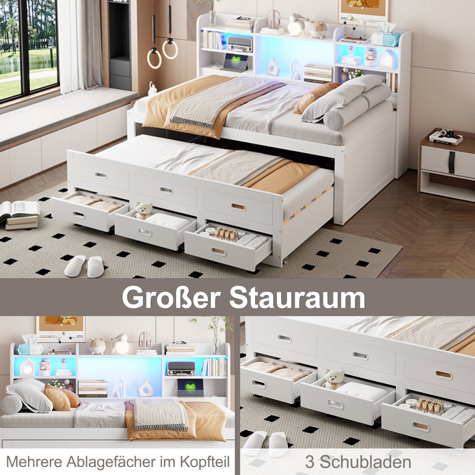 Sofa Bed Daybed 90x200cm Extendable LED 3 Drawers Shelf USB/Type-C - White
