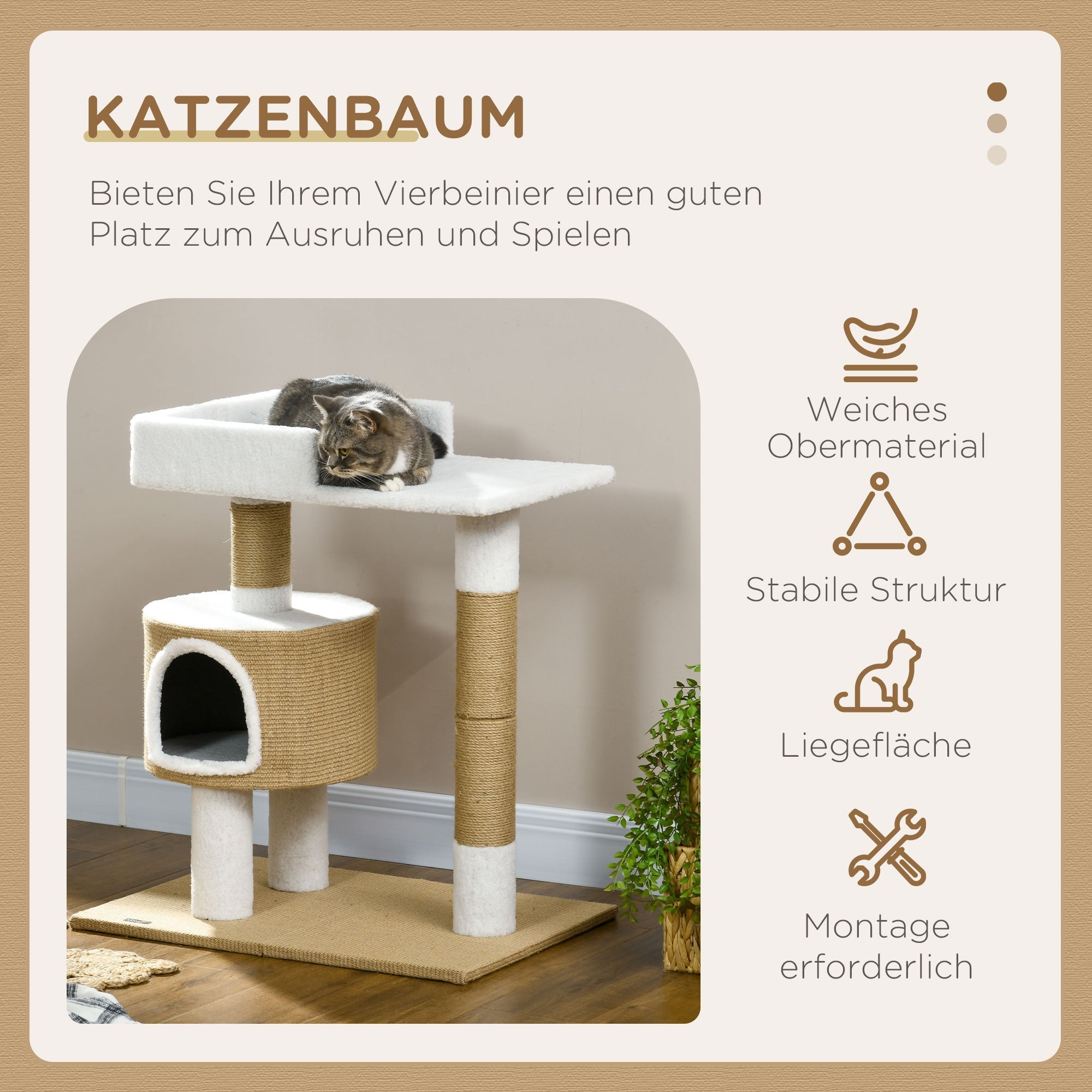 Cat Tree 79cm Small, with Cat Cave & Lying Area, Jute Brown/White