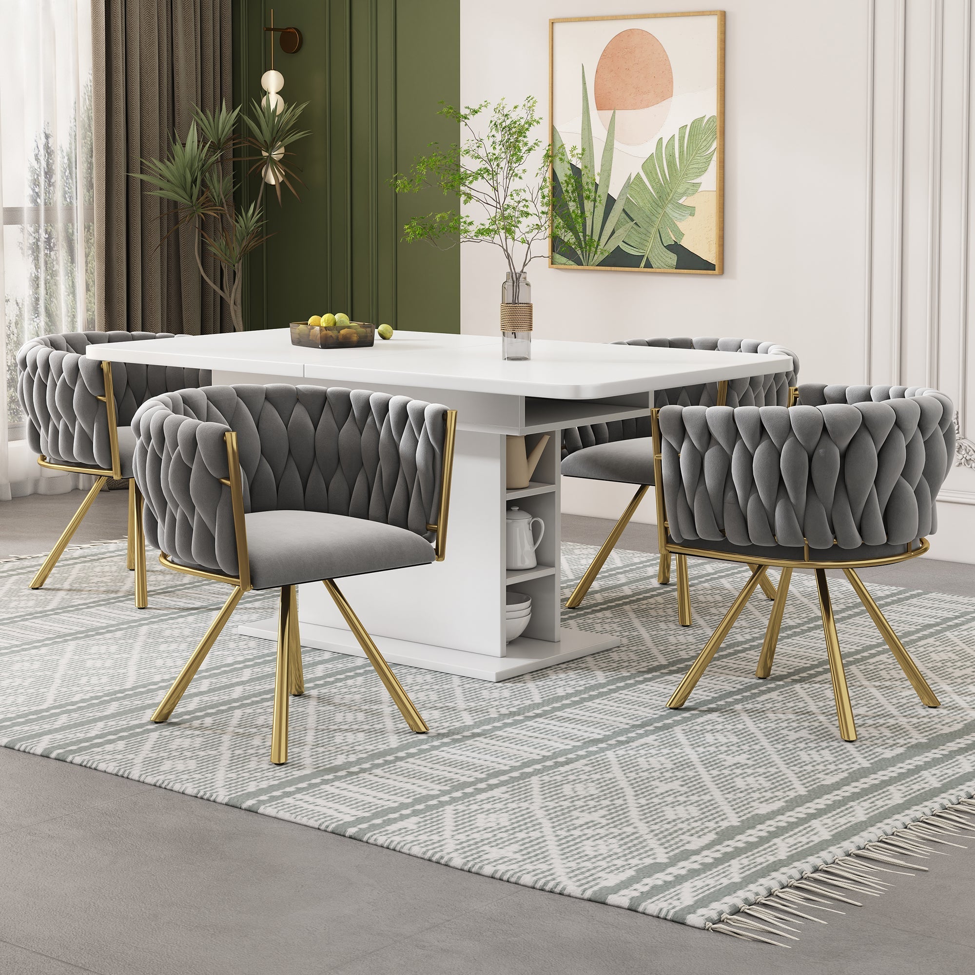 Velvet Dining Chair Set of 4 Swivel Metal Legs - Grey and Gold
