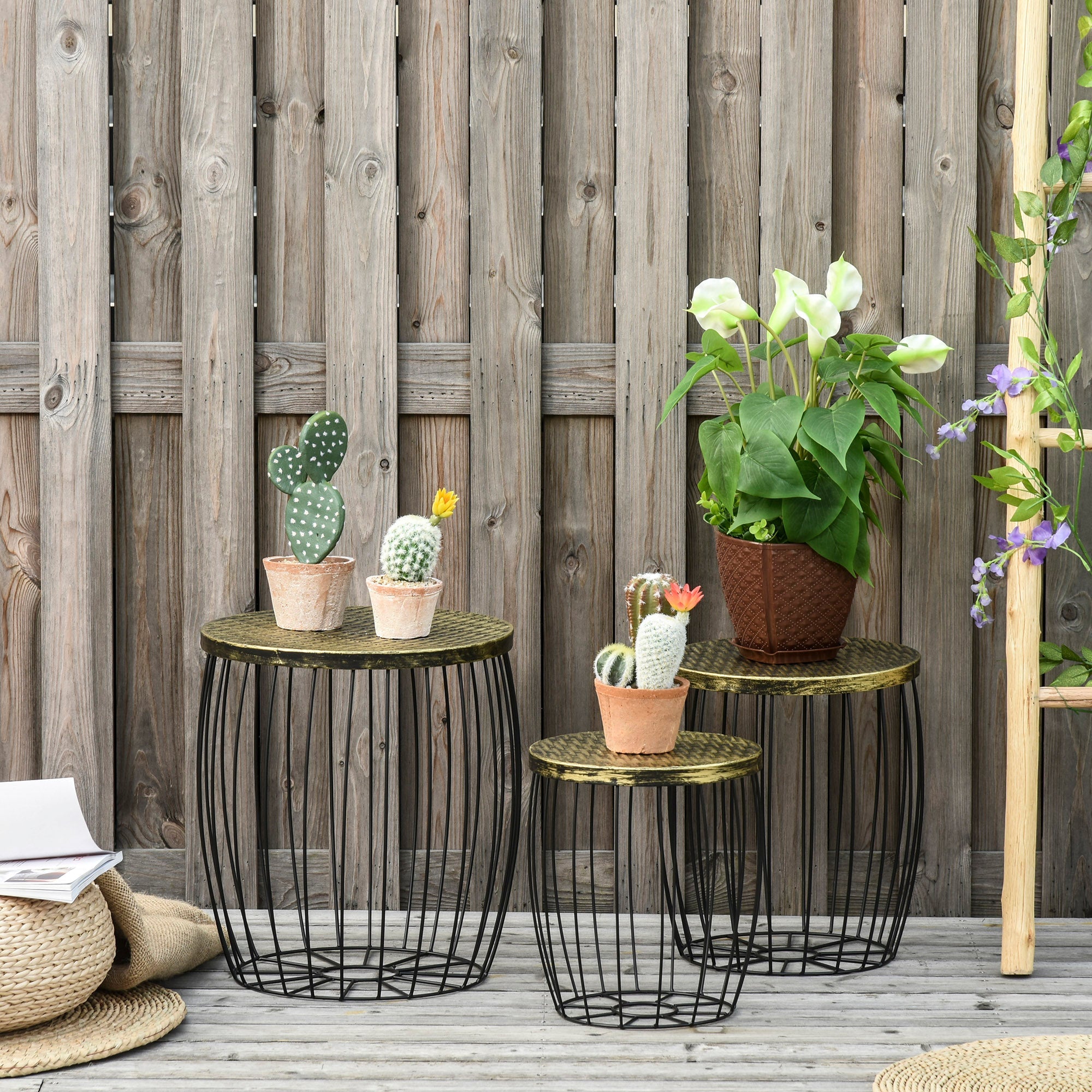 Side tables, Set of 3 Retro Style Metal Basket, Natural and Black