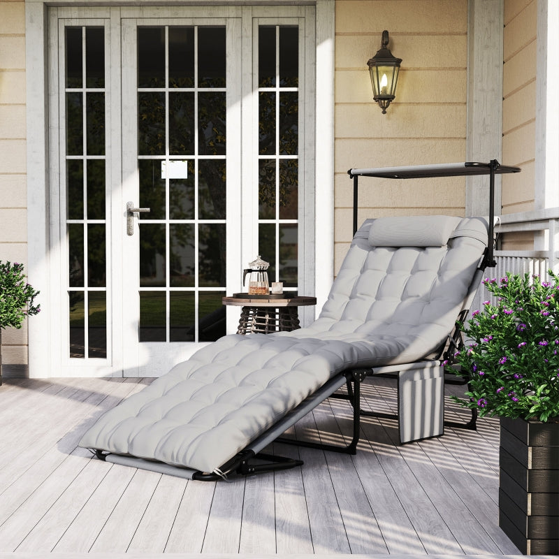Folding Sun Lounger with Canopy, Mattress & 4-Position Adjustable Backrest - Light Grey