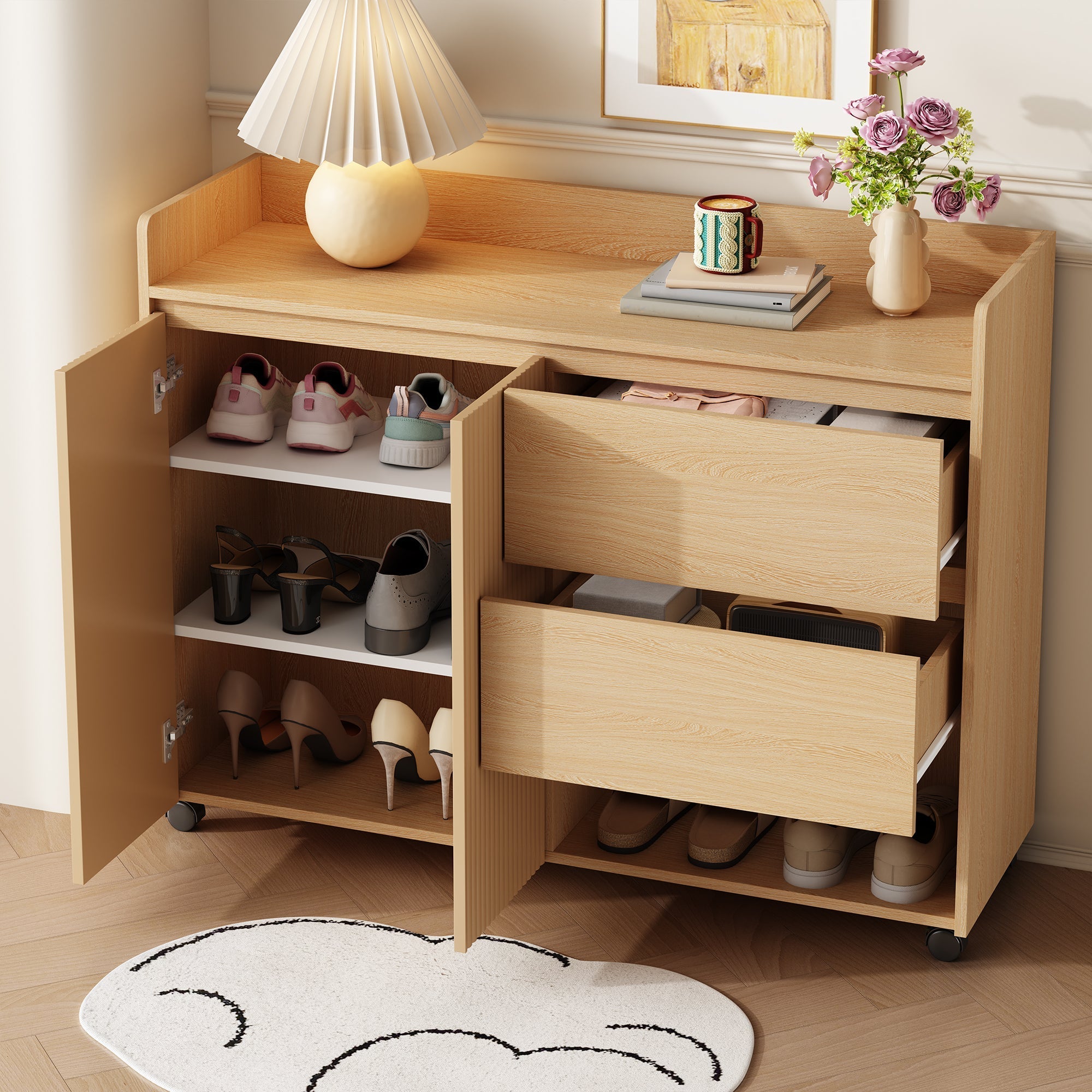 Shoe Cabinet, Movable with Adjustable Shelves, Soft-Closing Hinge, Natural MDF