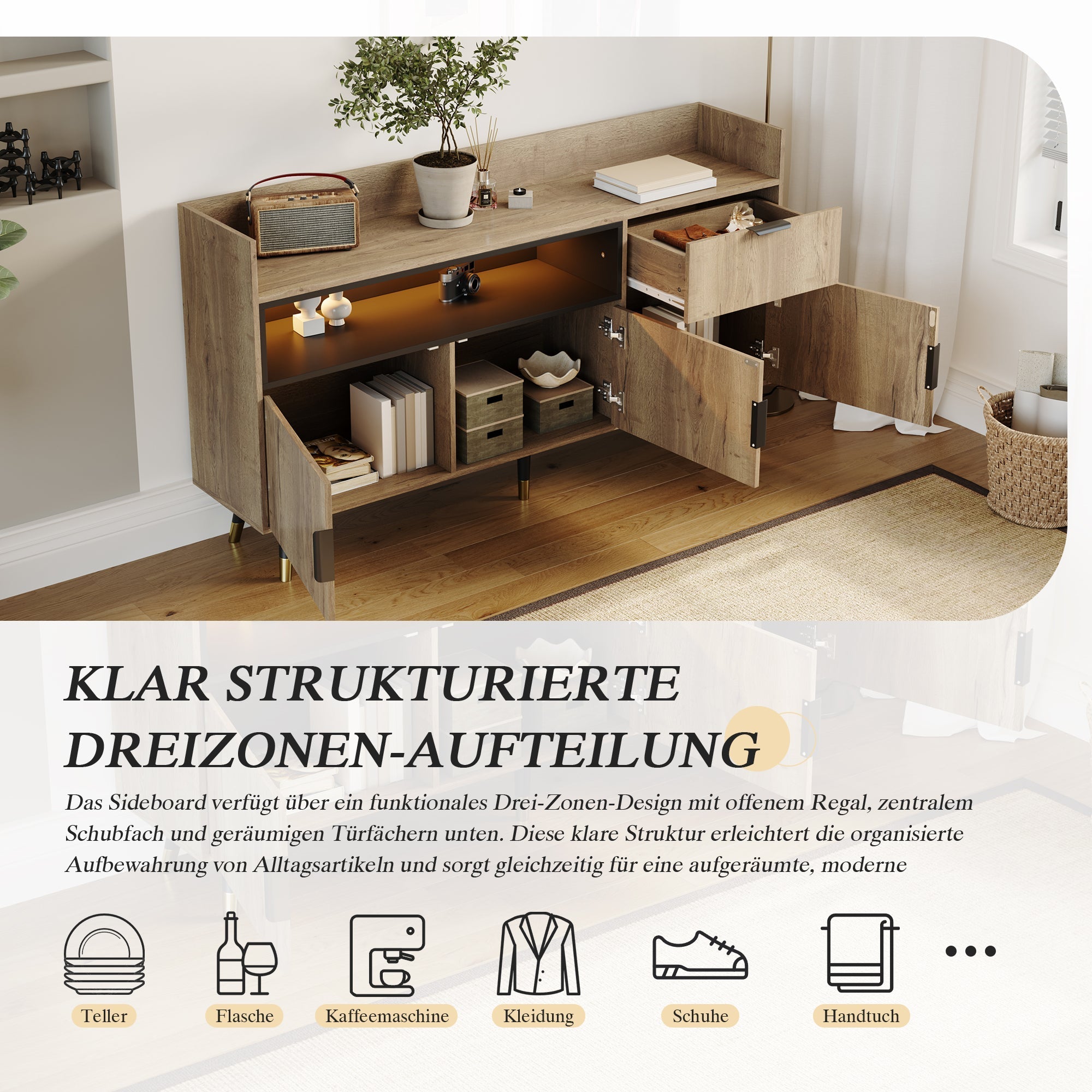 Modern Minimalist Sideboard with Open Shelves, Drawers and Swing Doors, Wood and Metal