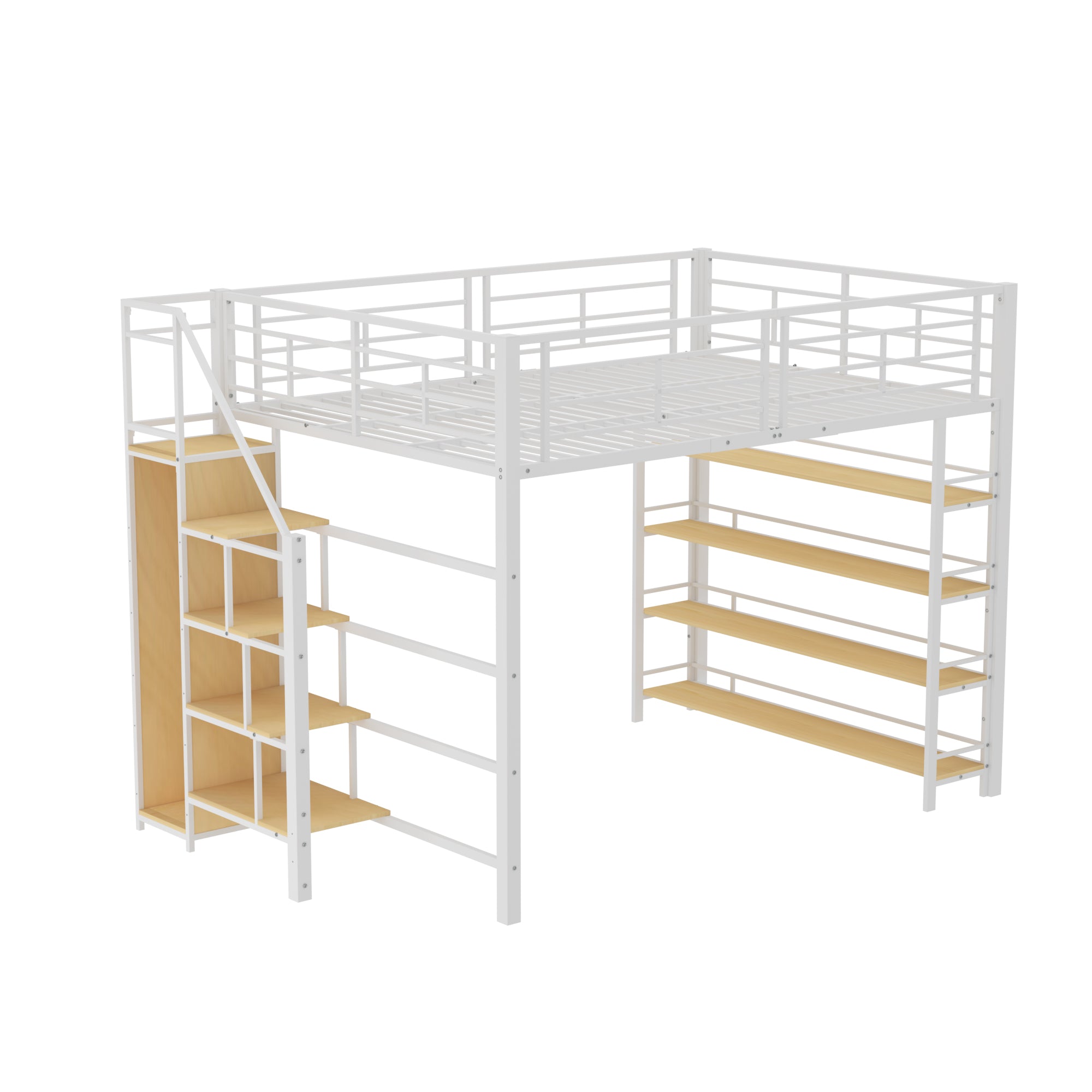 Loft Bed, 140*200 with Stairs, Storage, Wardrobe, Shelves, White