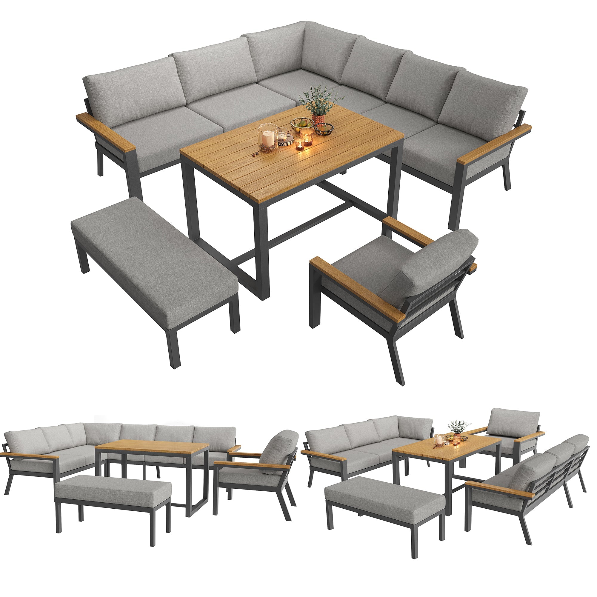 L-Shaped Garden Sofa Set 8-Person Iron Frame Wood Table - Grey Cushions