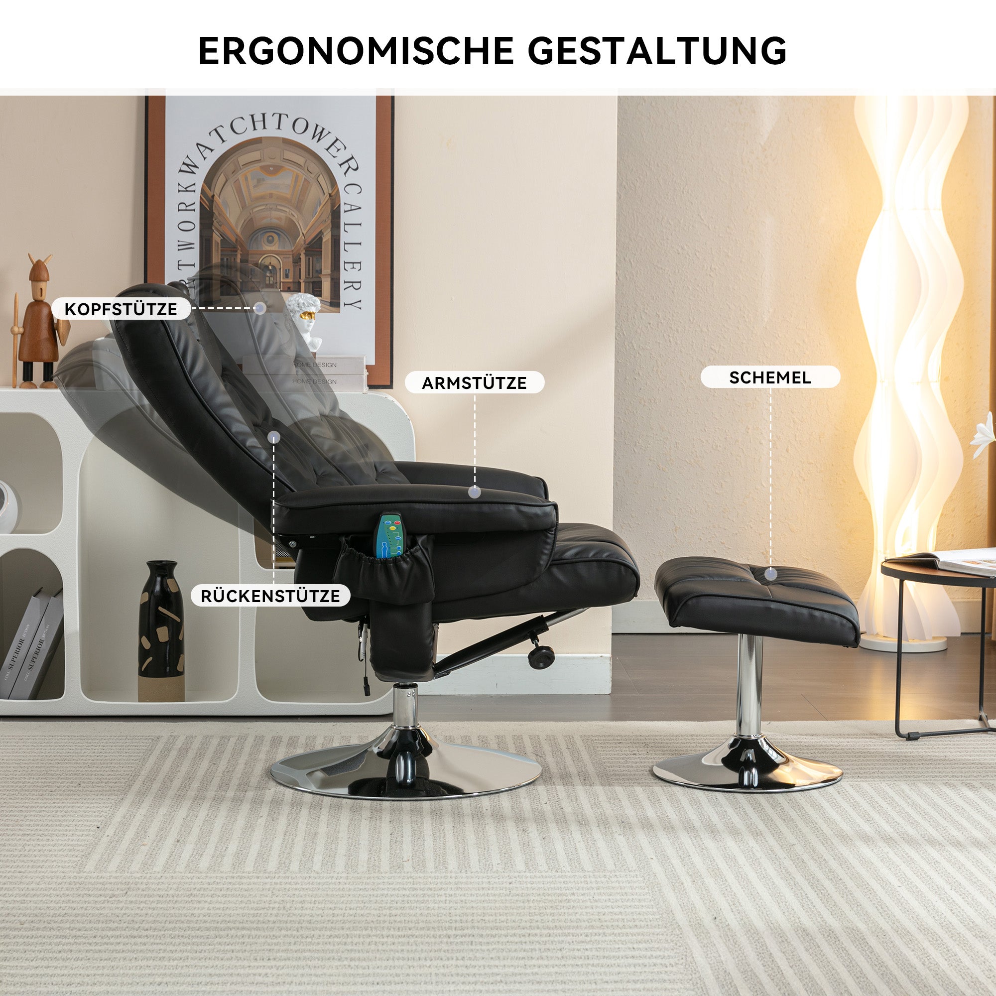 Massage Chair with Ottoman, 5-Point Massager, PU Upholstery, Black