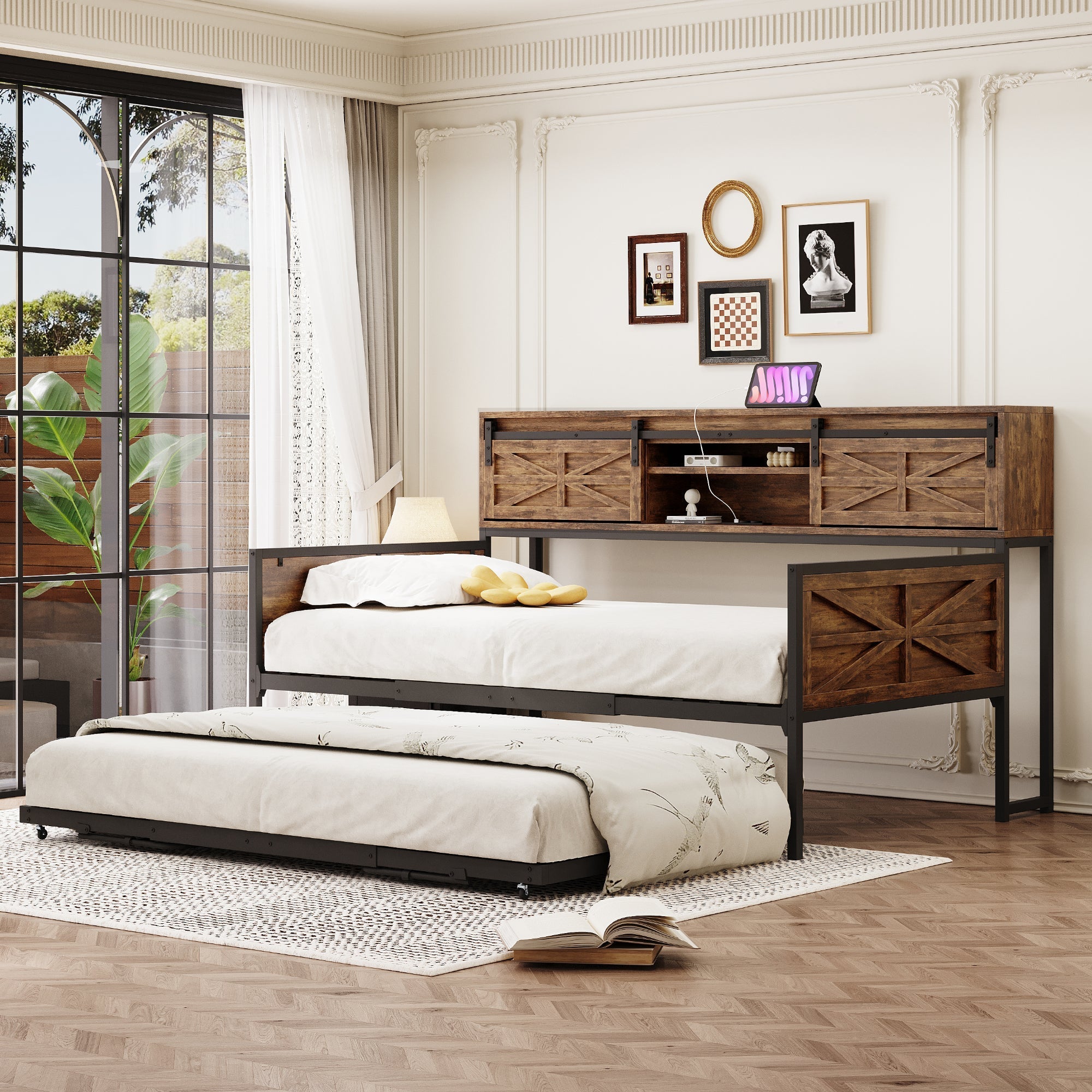 Sofa Bed, Pull-out with Storage & Sockets, Iron Black + Brown
