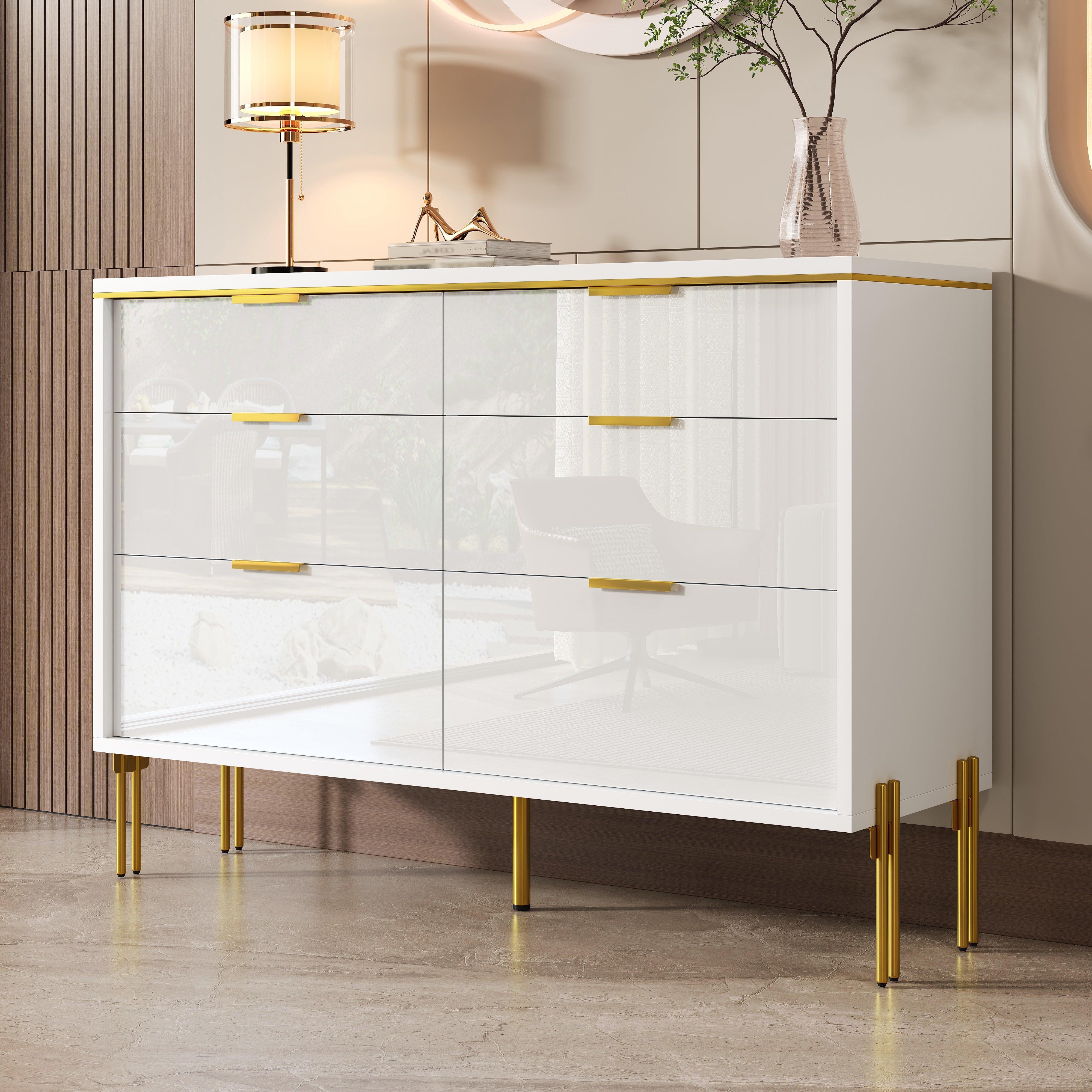 Sideboard Cabinet Modern 6 Drawers High-Gloss - White and Gold
