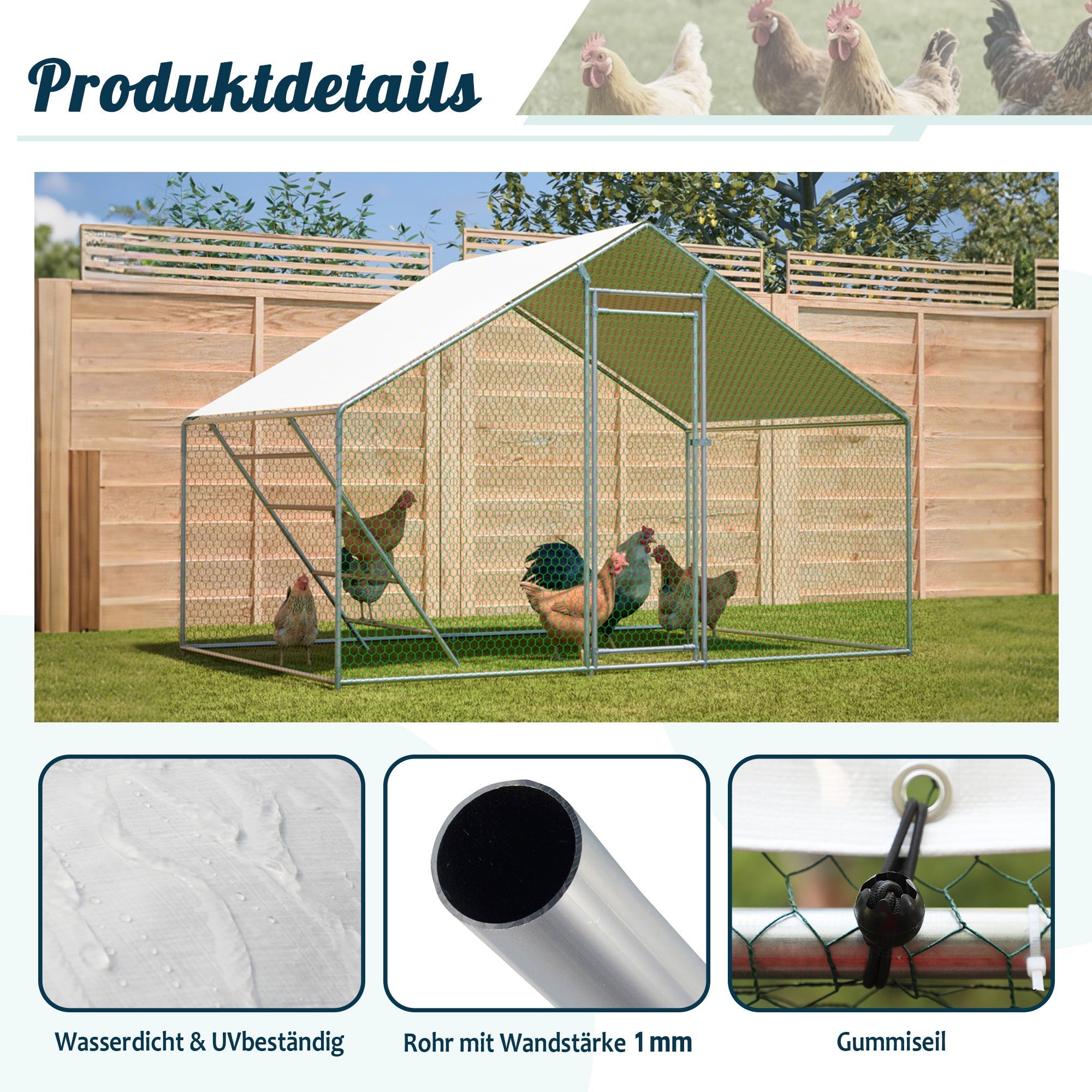 Chicken Coop 3x2m with Ladder, Safety Lock, and Waterproof UV Cover - Reinforced 1mm Tubes