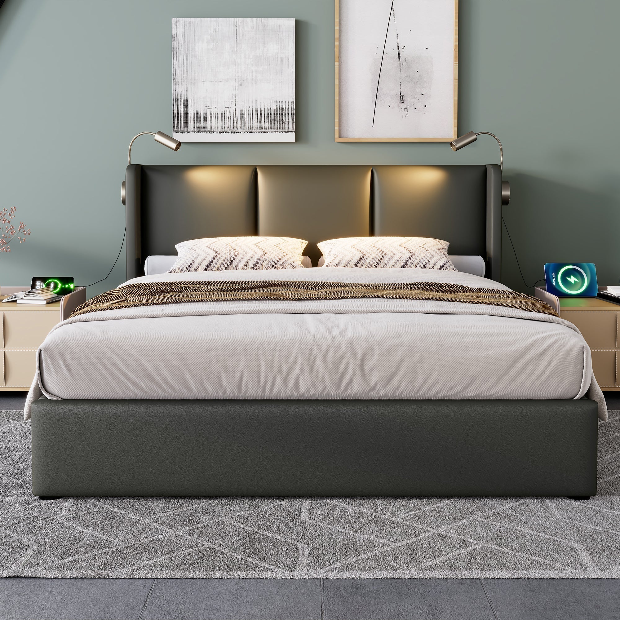 Upholstered Double Bed 140x200 Storage, USB Light, Slatted Base, PU