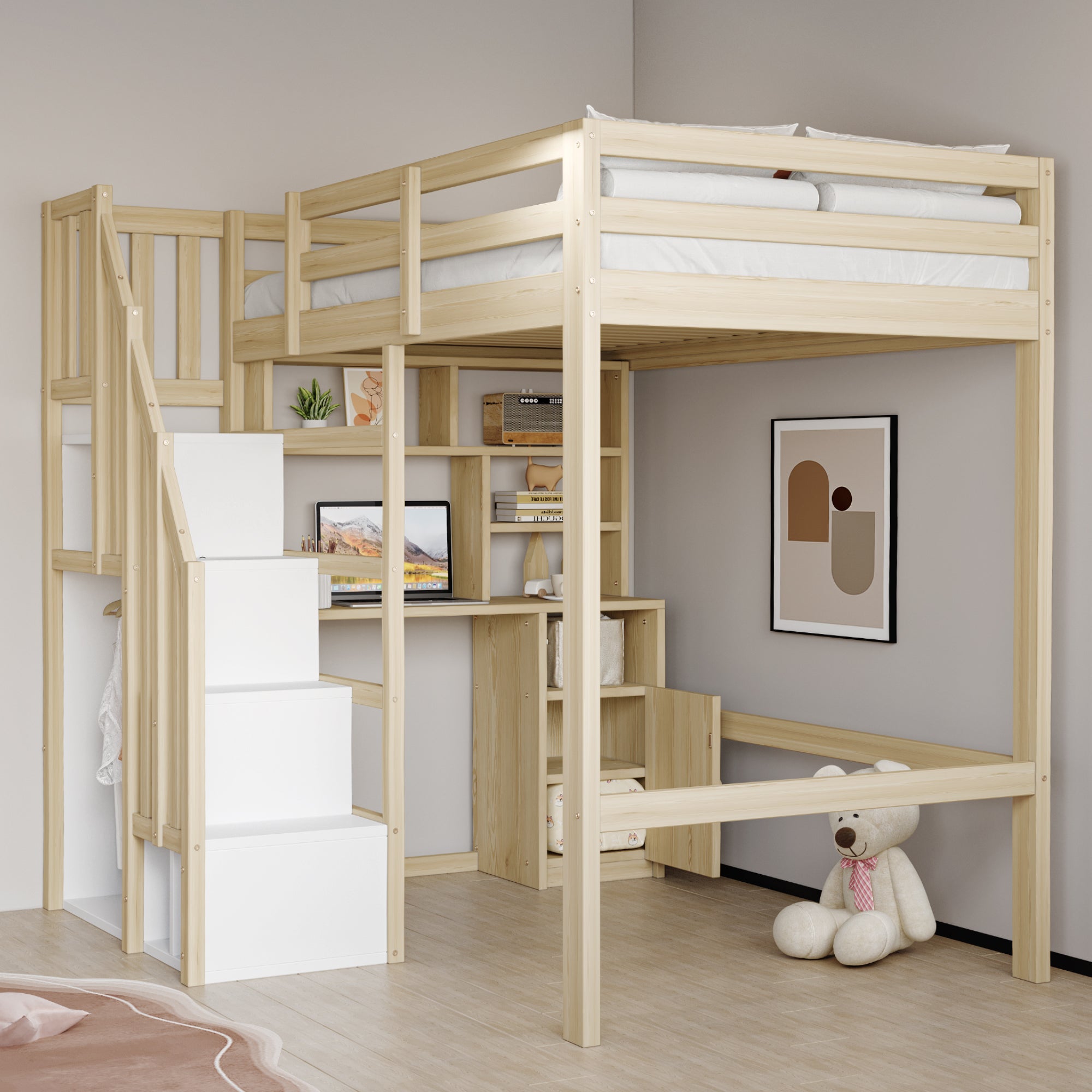 Loft Bed 90x200cm Work Table Storage Ladder - Solid Wood Frame