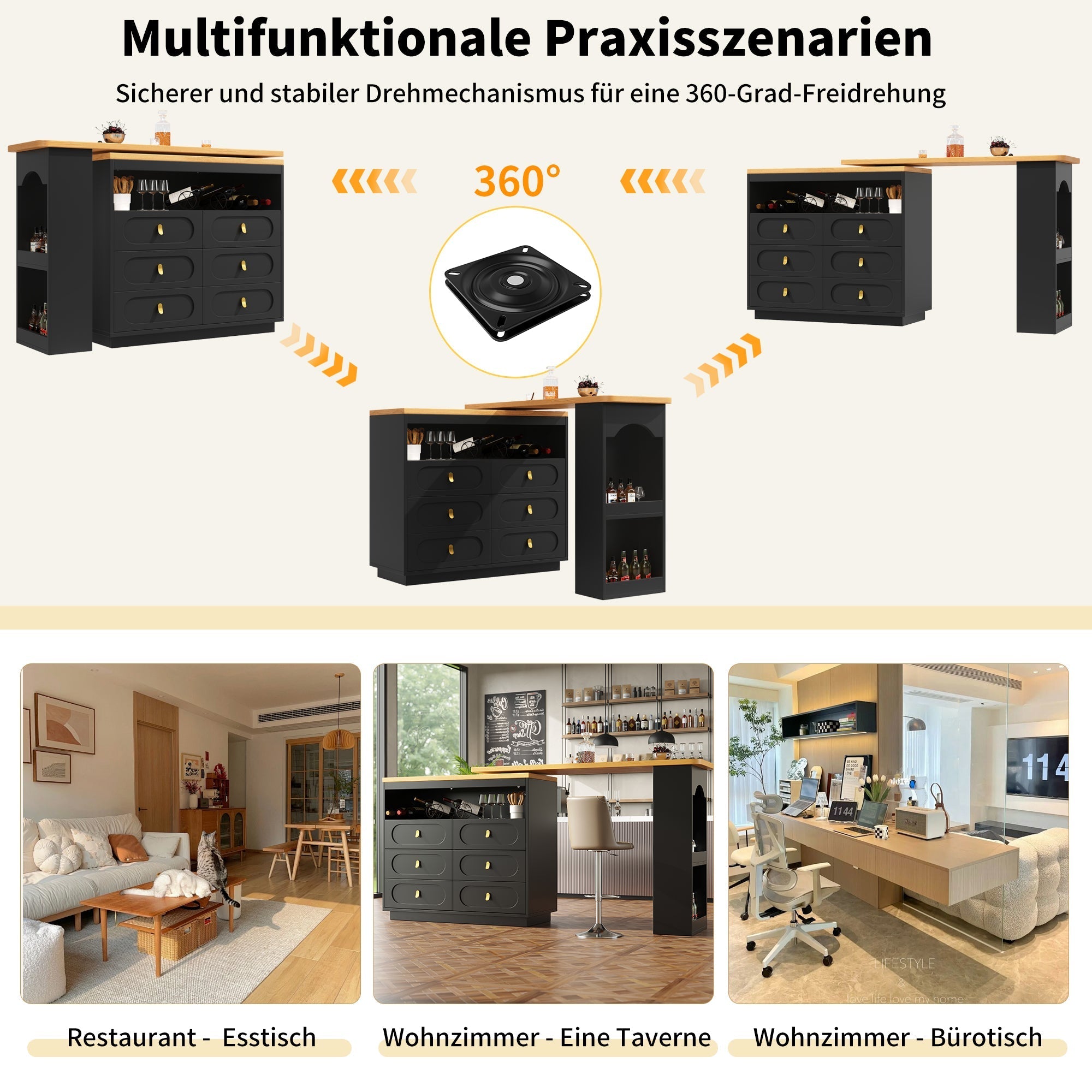 Bar Table Extendable 360° Swivel Mobile Storage Drawers - Black