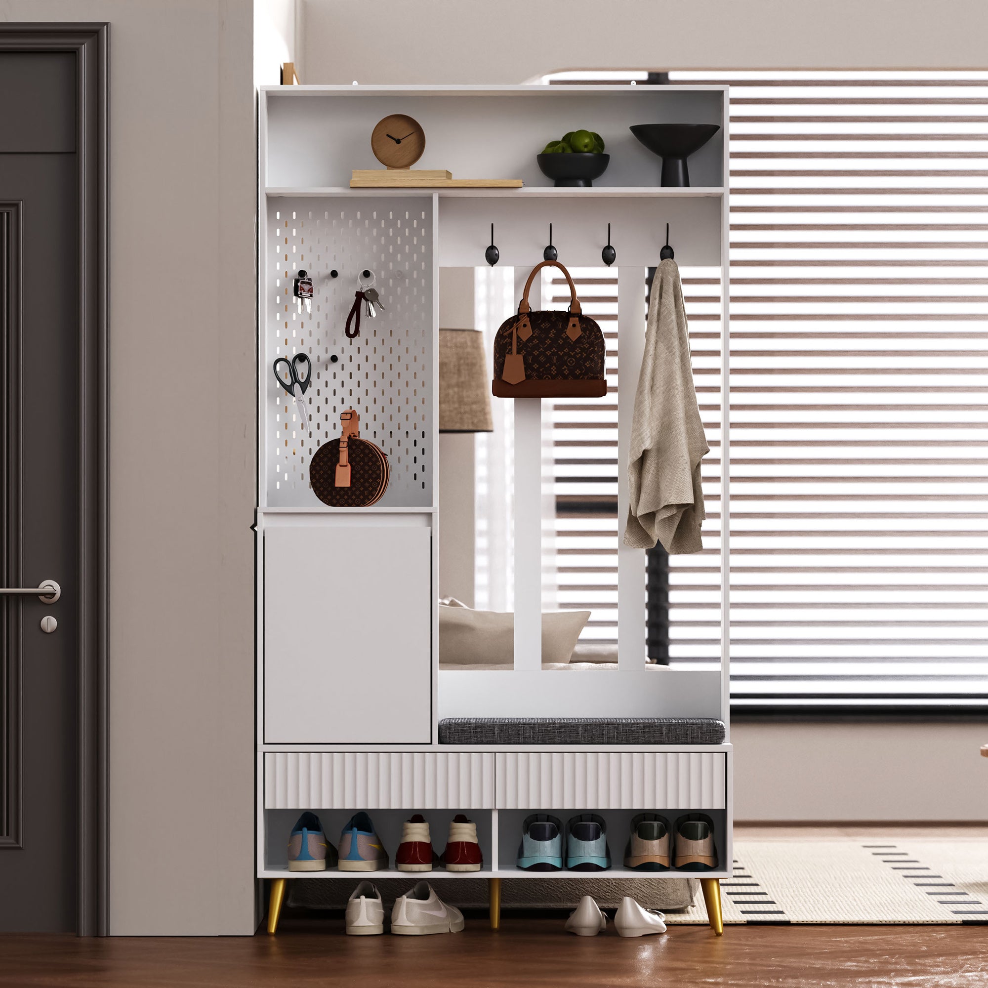 Wardrobe set, hallway with shoe bench, 4 coat hooks, two drawers and 1 door, white