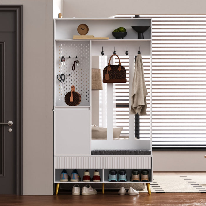 Wardrobe set, hallway with shoe bench, 4 coat hooks, two drawers and 1 door, white