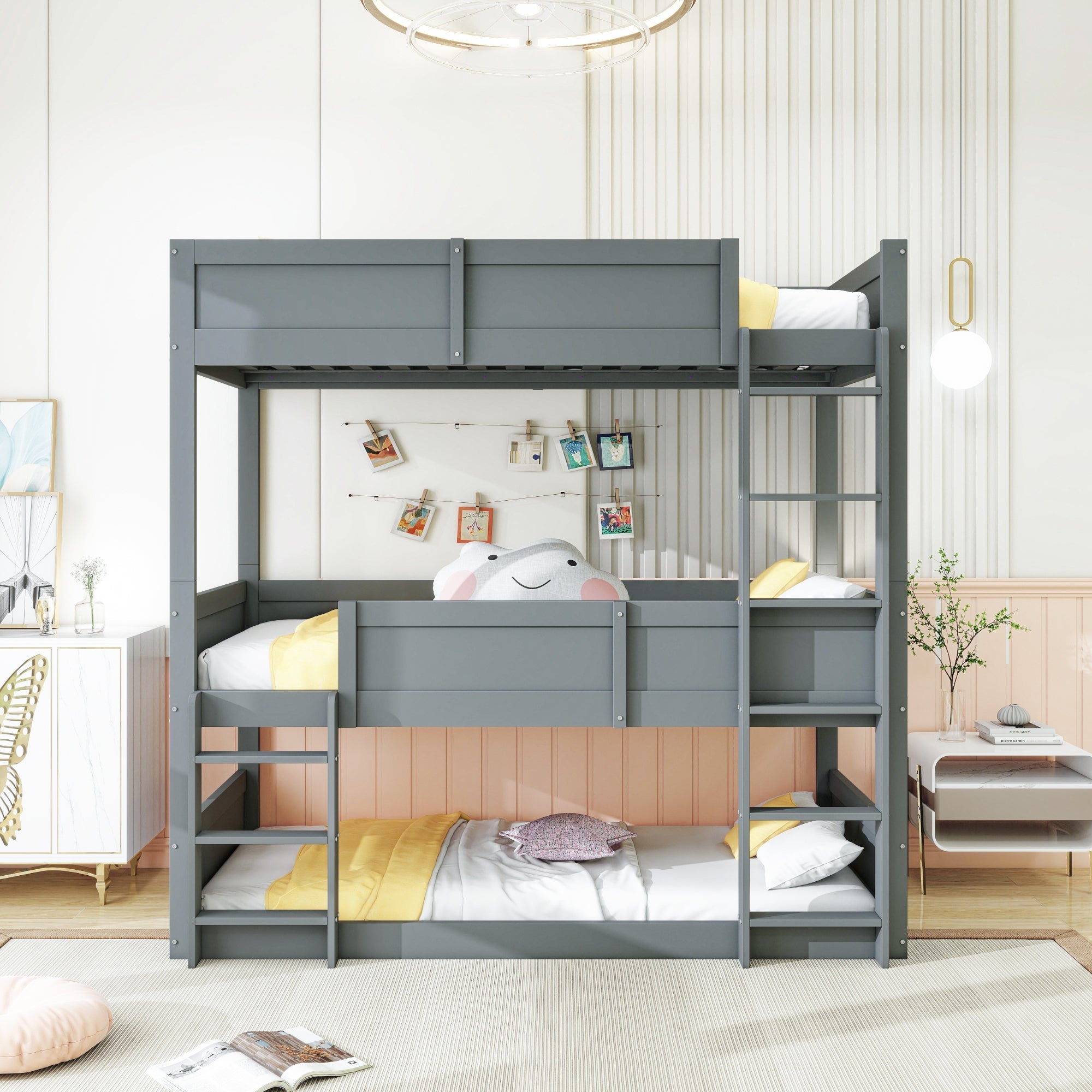 Triple Bedroom Bed 90x200cm Bunk High Fence Solid Wood, Grey