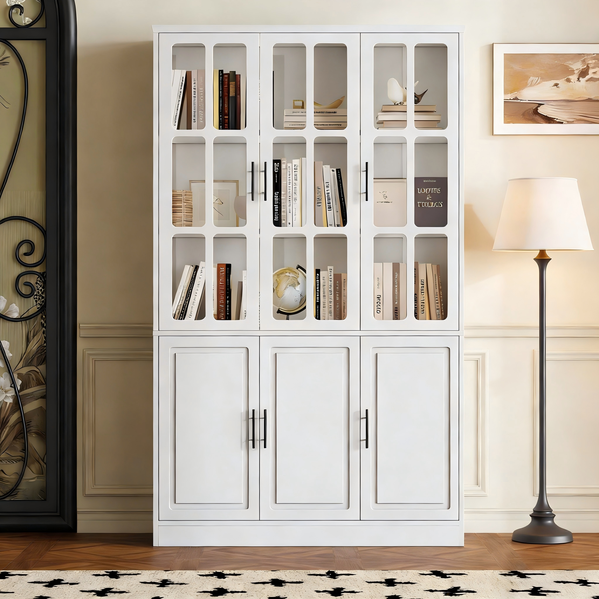 Standing Display Cabinet with 6 Doors and LED Lighting, White