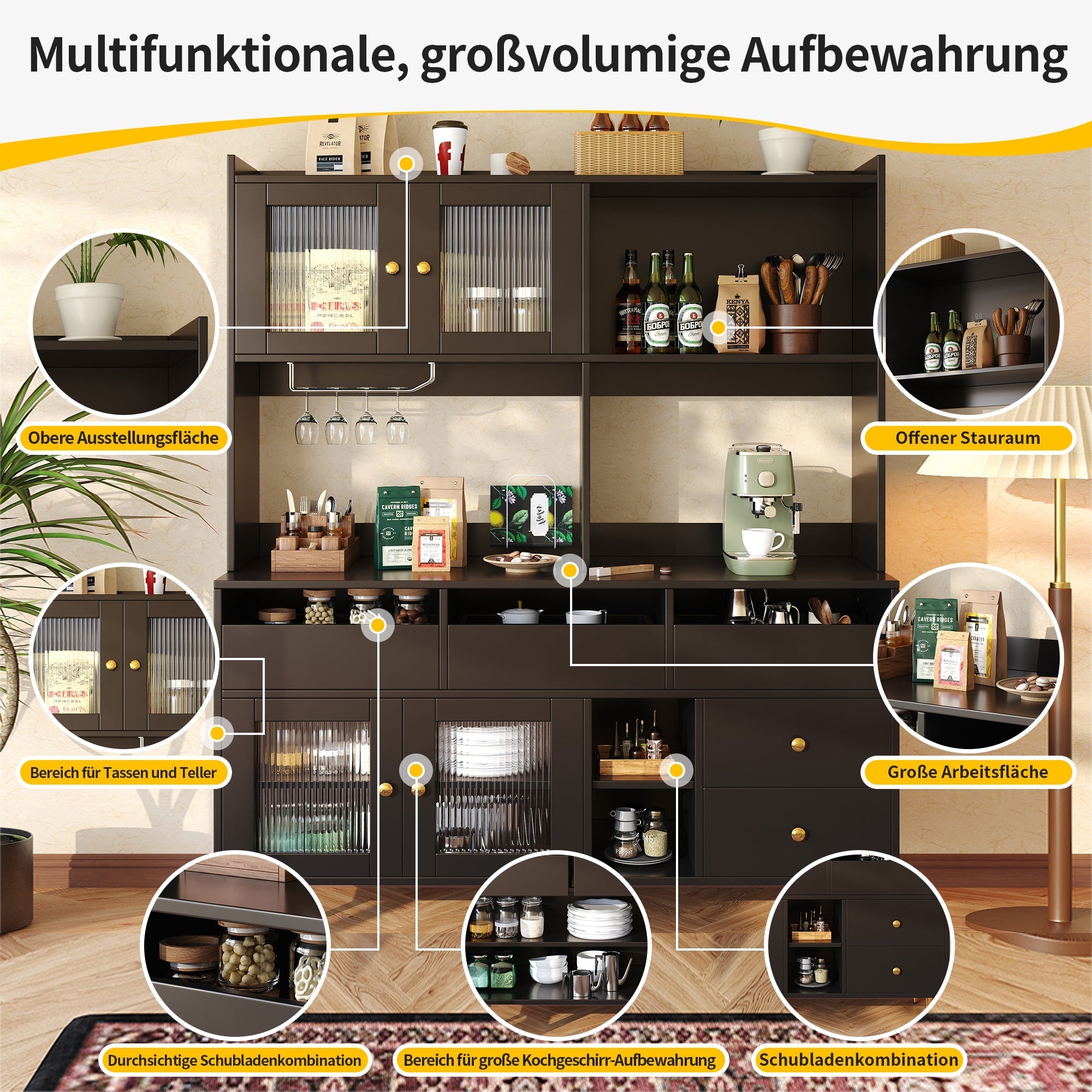 Dining Room Tall Cabinet, Changhong Glass Doors, Wine Glass Rack, Multi-Layer Storage, Black with Gold Decor