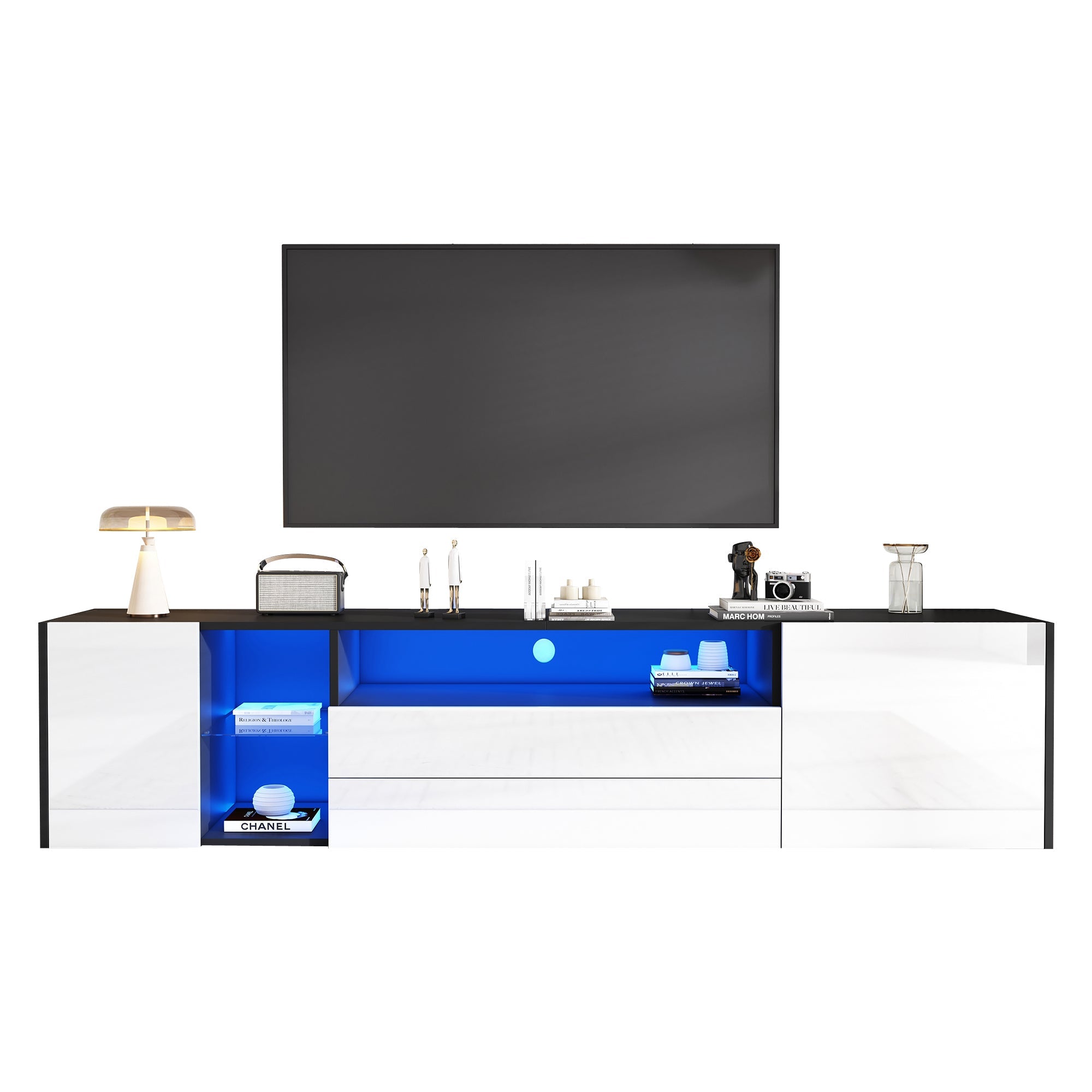 TV Stand Cabinet, 180x40x45cm LED Lowboard with 2 Drawers & 2 Cabinets for 75-inch TVs, Black and White
