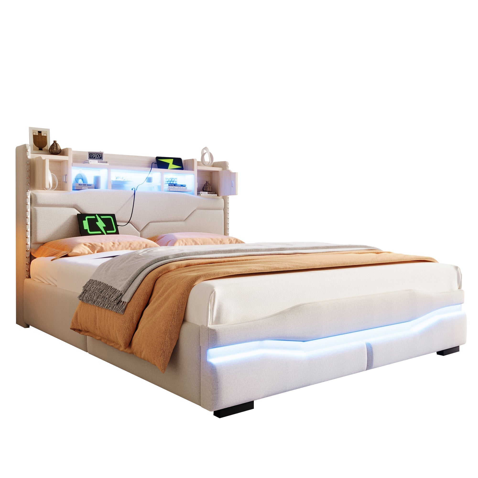 Upholstered Bed 140x200cm Hydraulic Storage USB-C LED Headboard Compartment Beige