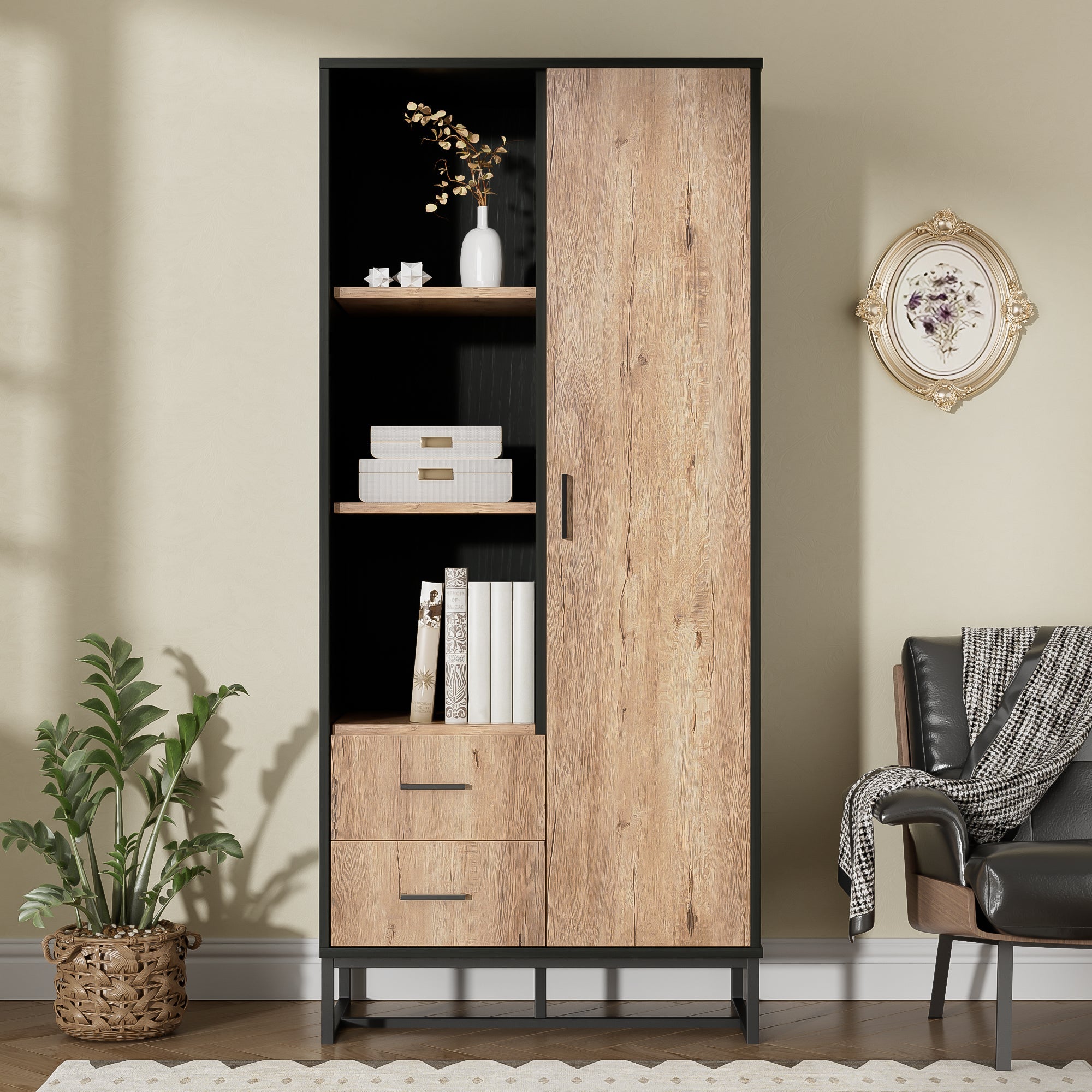 Highboard Cabinet with Door, 2 Drawers & 3 Open Compartments, Wood Look & Black Frame