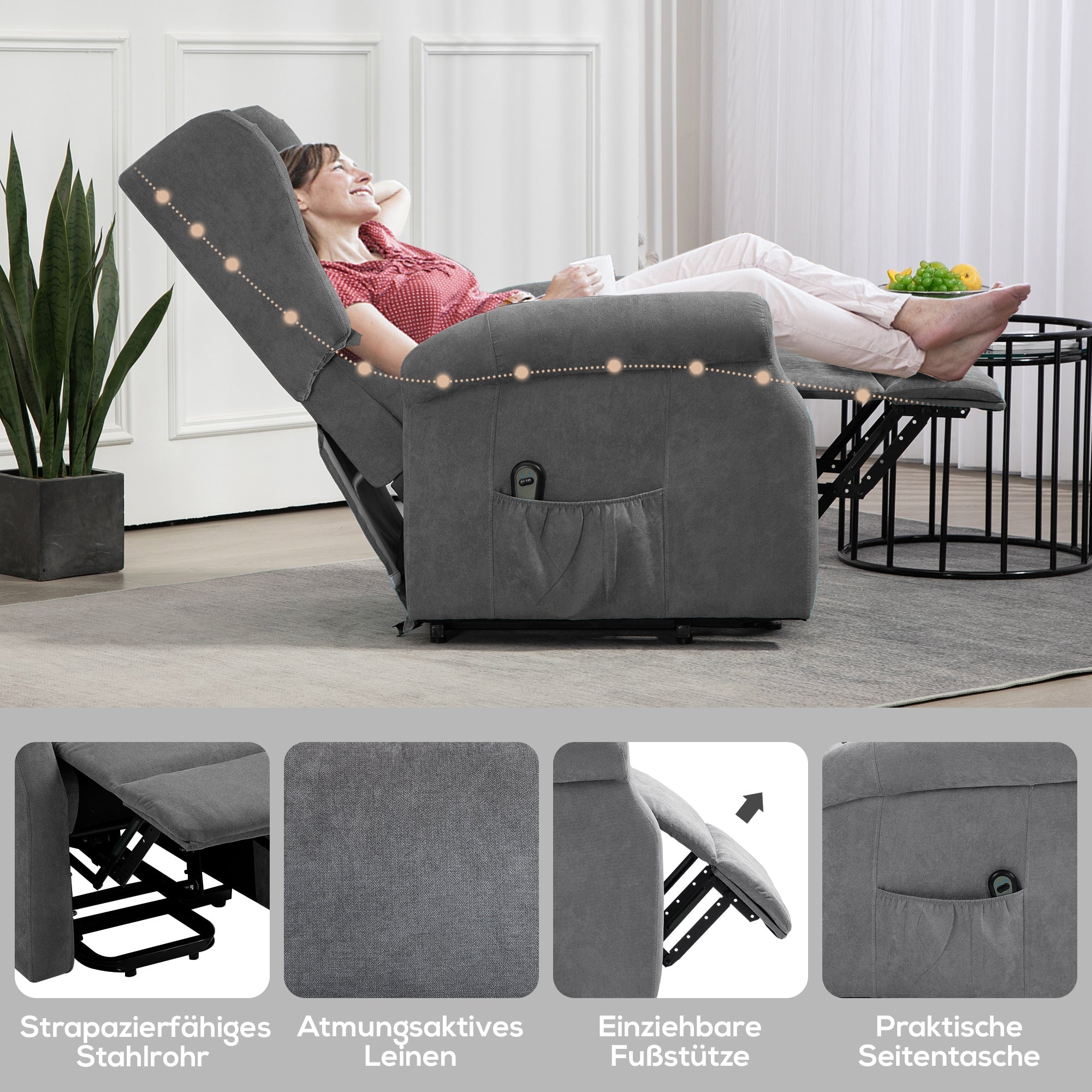 Electric Recliner, Lift Function Side Pocket Remote Control, Linen-Look Upholstery