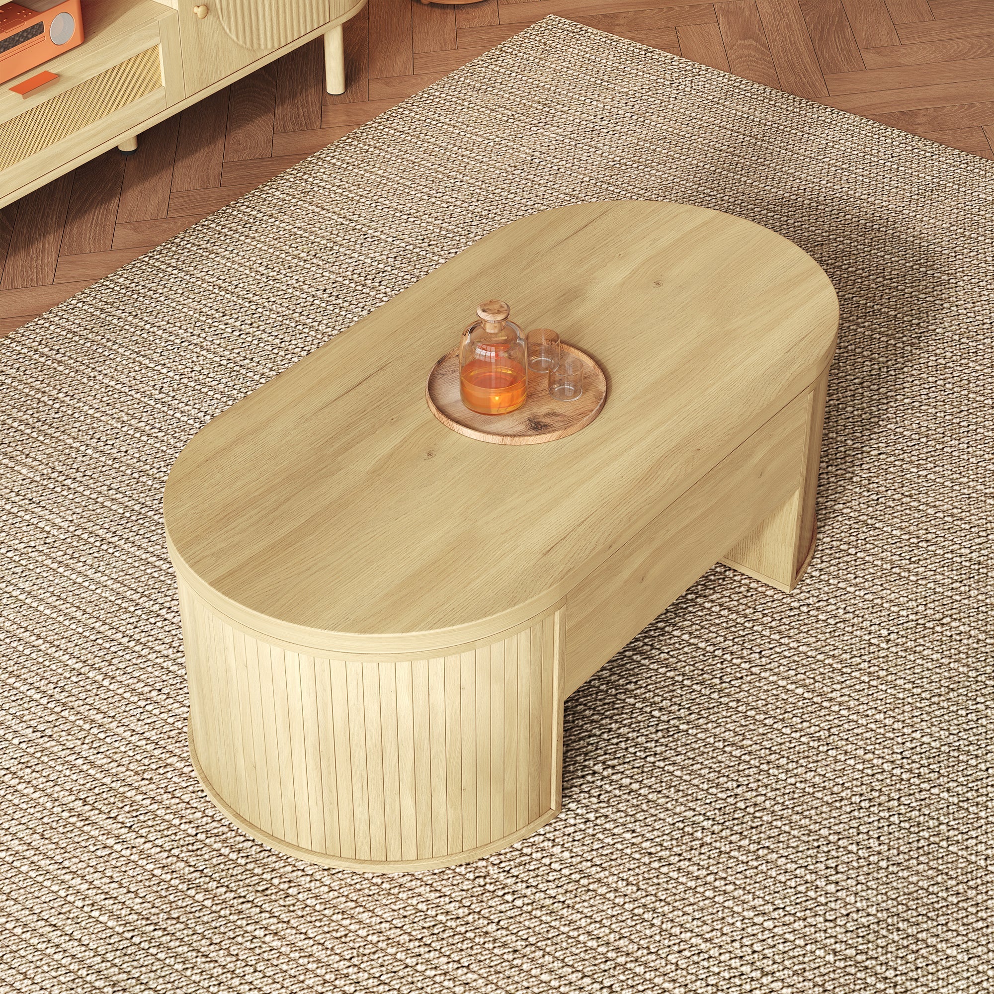 Liftable Coffee Table with Curved Wooden Sides, Extendable Shelf, Liftable Tabletop, Multifunctional Living Room Furniture