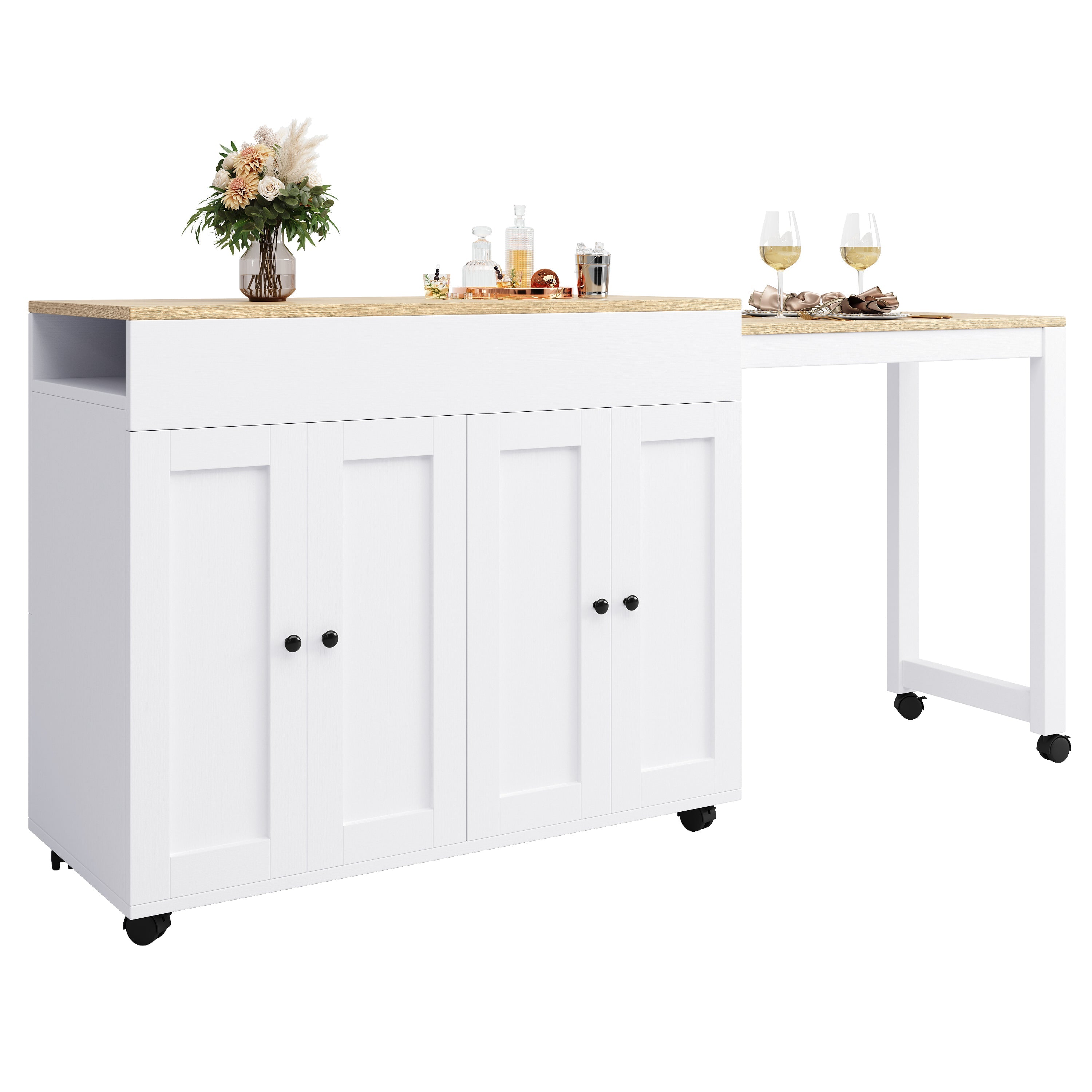 Modern Extendable Bar Table, Dining Table with Storage and Six Shelves, White