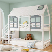 Bunk Bed with Roof & Window, Safety Gate & 3 Stair Lockers, 90x200cm Pine+MDF White+Grey