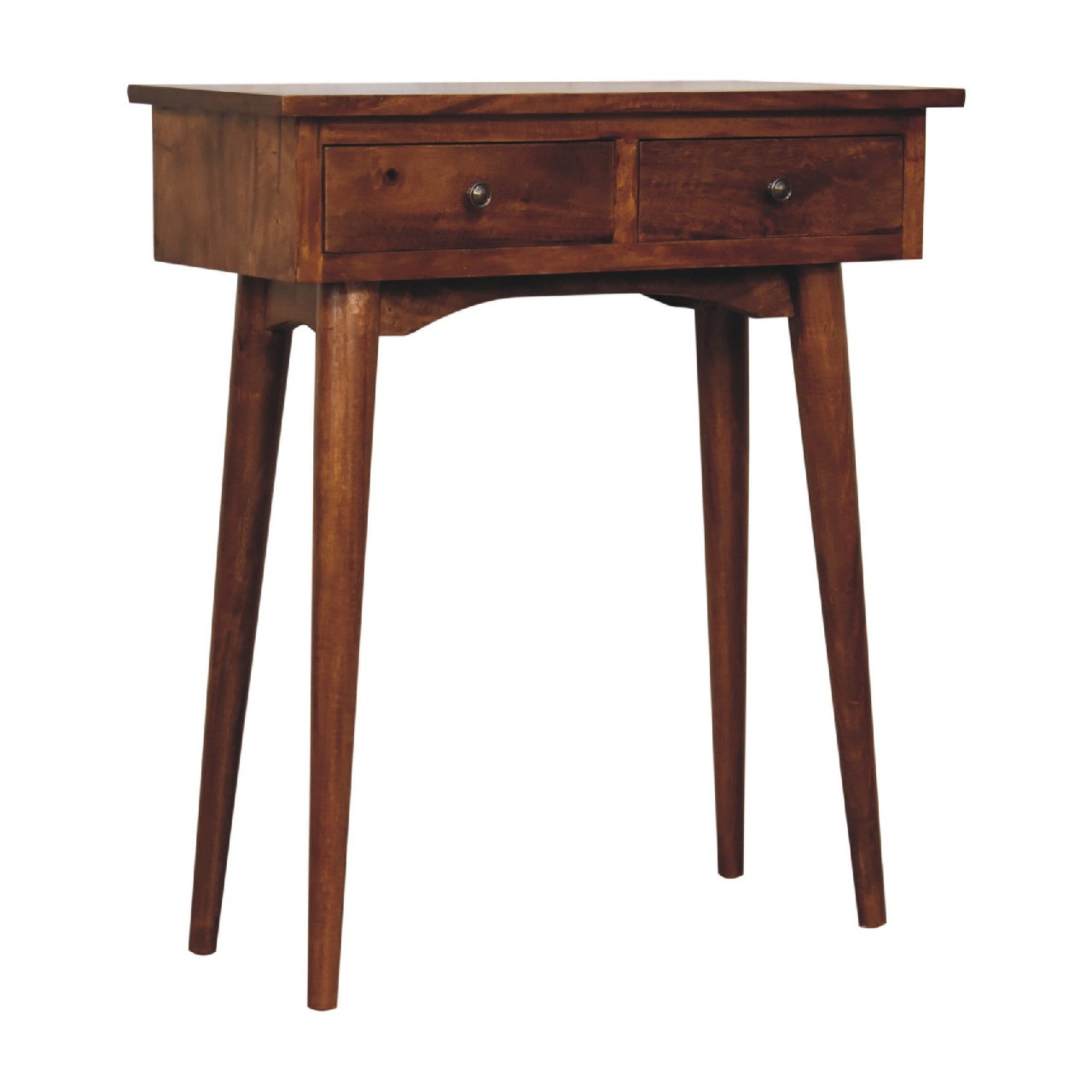 Solid Wood Mini Hallway Console, 2 Drawers, Nordic Legs, Chestnut Brown