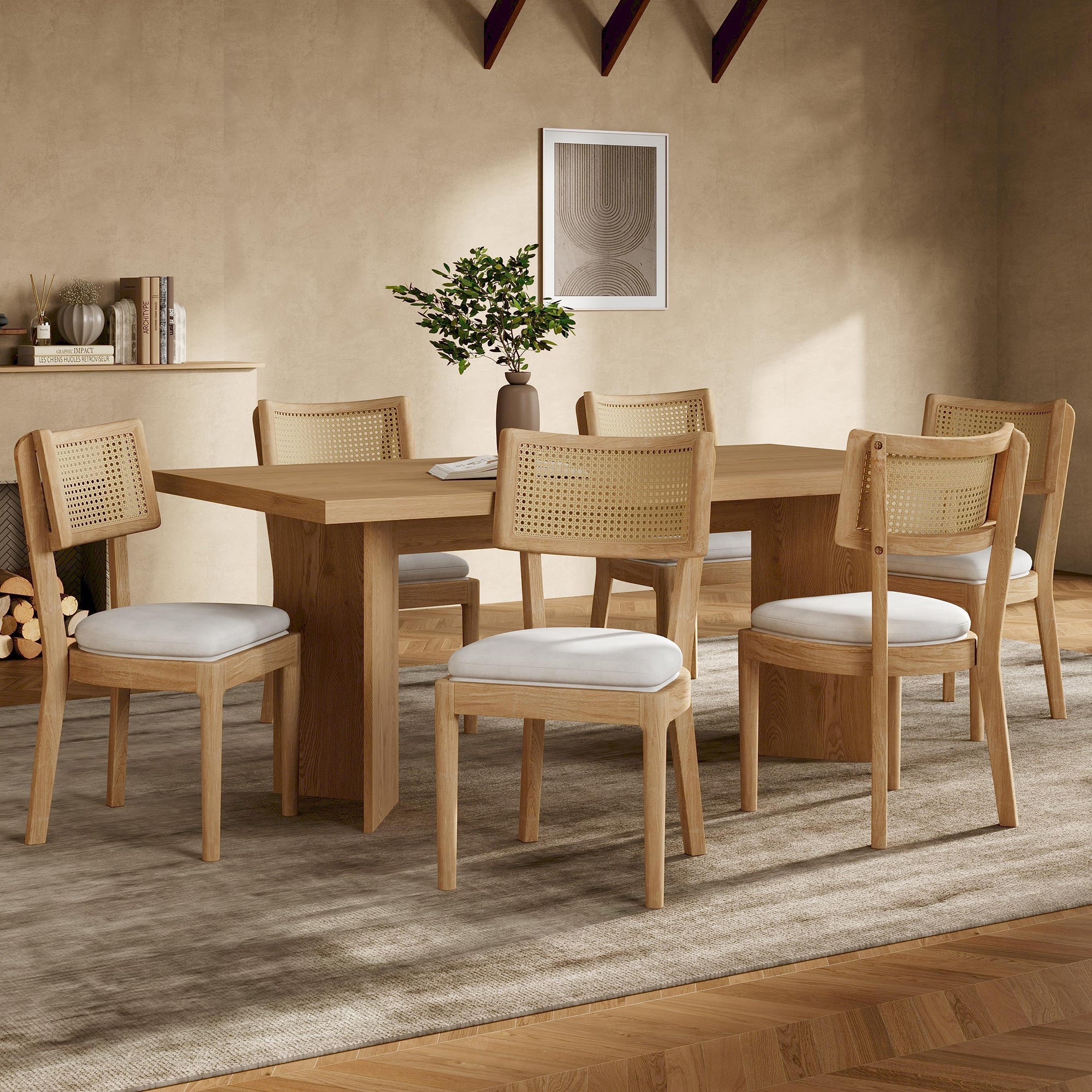 4 Solid Wood Dining Chairs, Rattan Backrests, Modern Style, Linen/Wood Color
