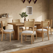 6 Solid Wood Dining Chairs with Rattan Backrests, Linen, Wood Color