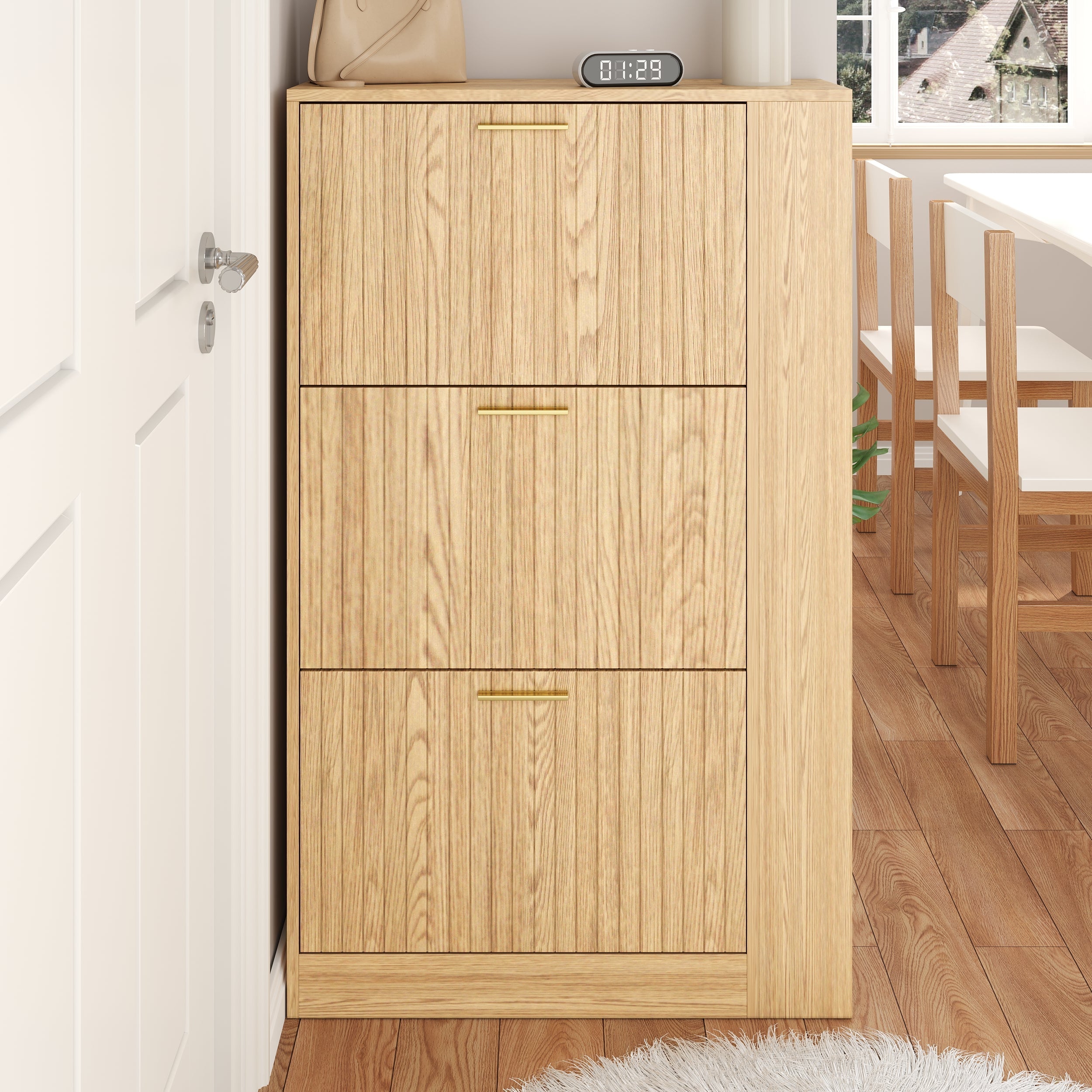 Shoe Cabinet Modern Minimalist 3 Doors Open Shelves - Wood