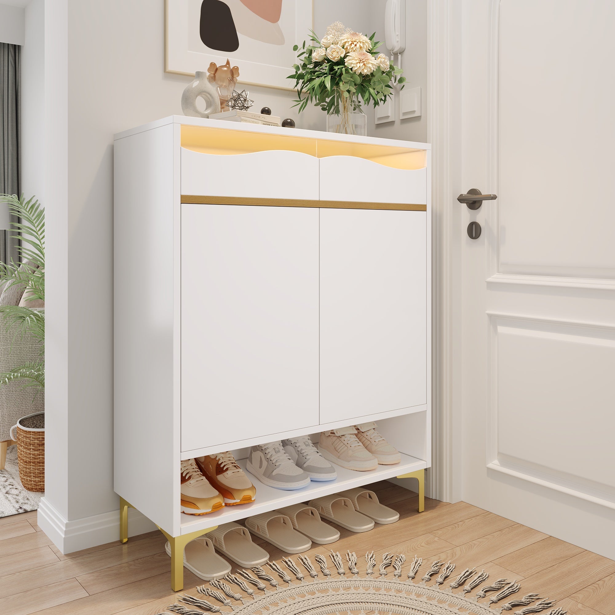 Shoe Cabinet, LED 16 Colors, Drawers & Shelves, Modern White