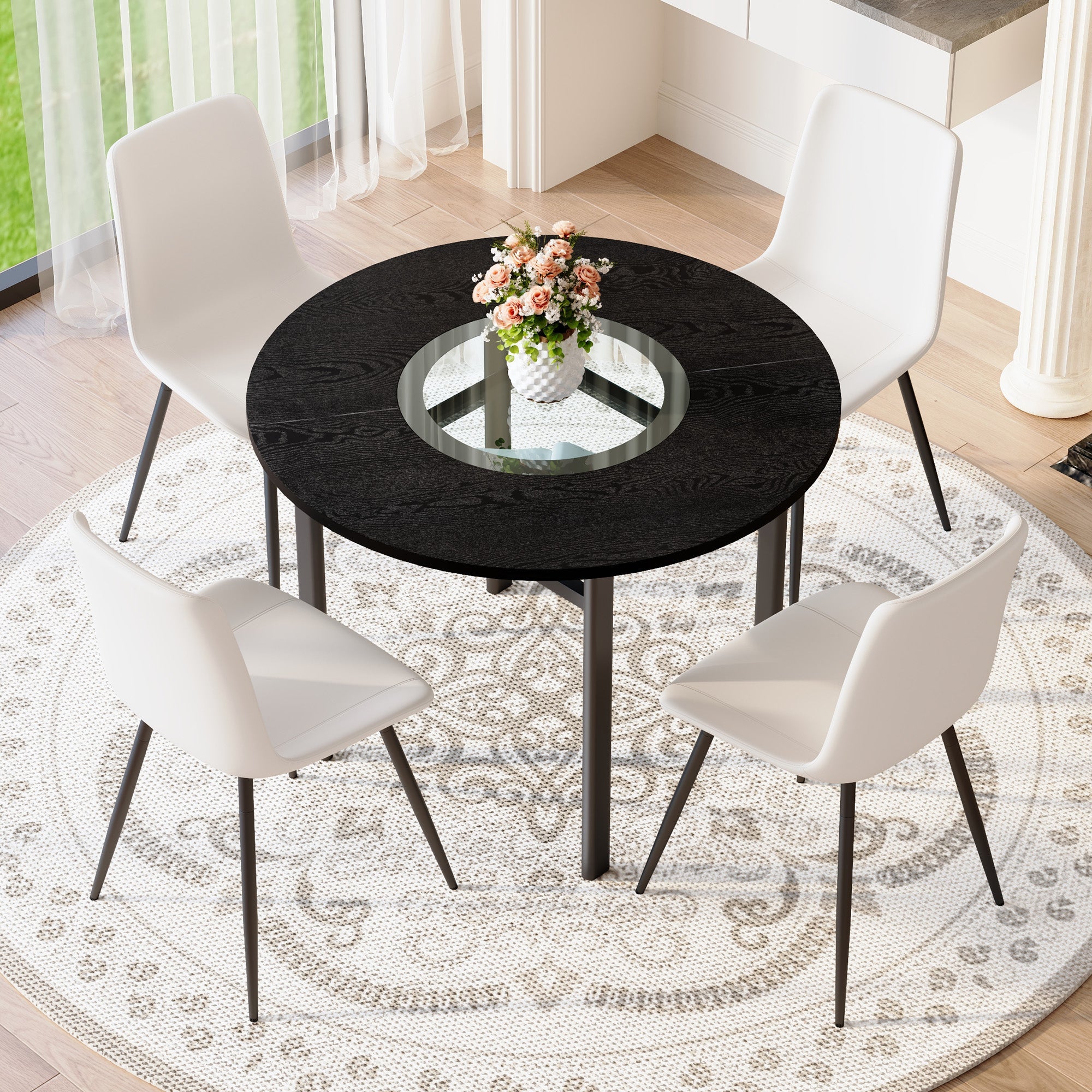 Round Dining Table Set Minimalist 100cm with 4 PU Chairs - Black Wood Look/White