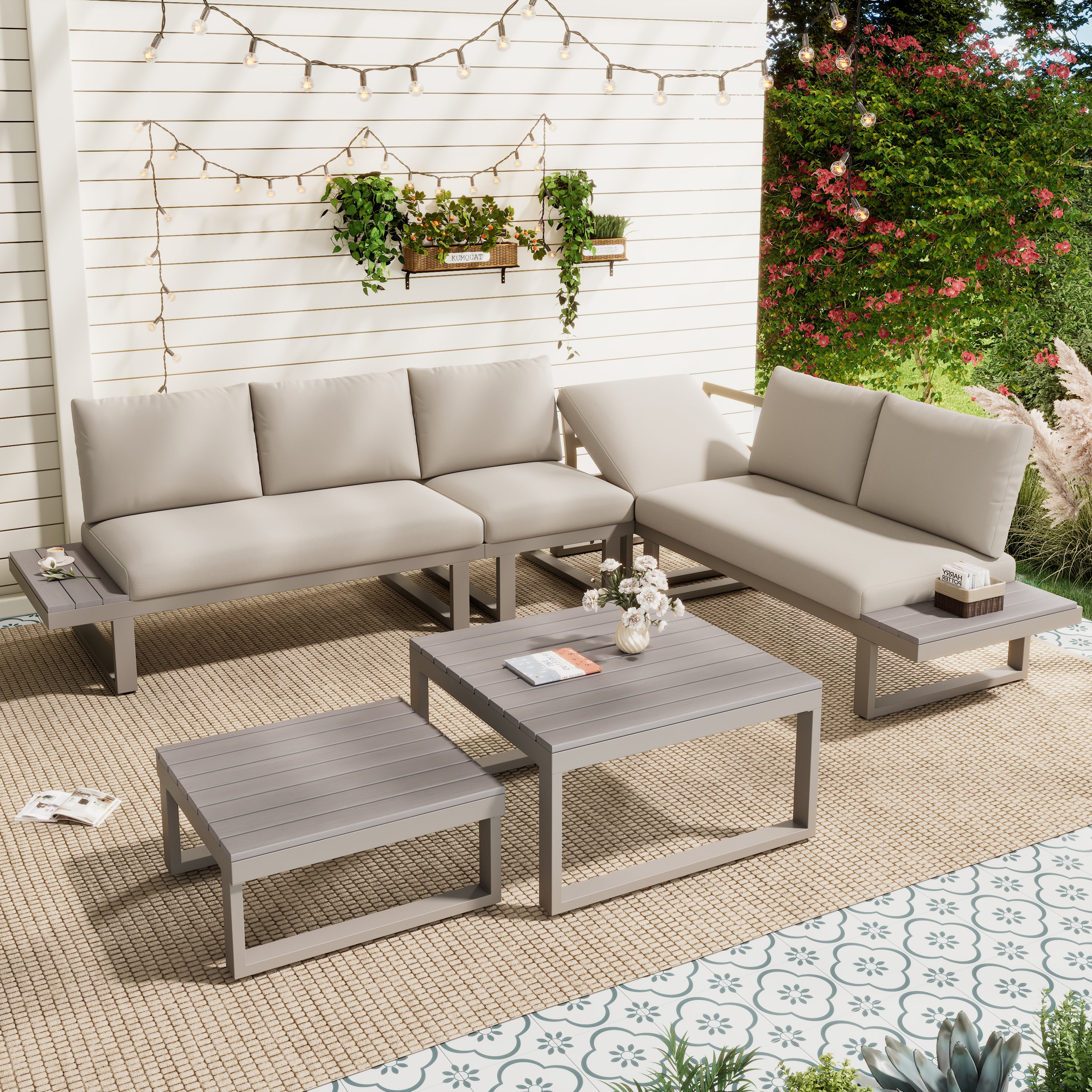 Garden Furniture Set with Adjustable Tilt and Two Coffee Tables, Beige and Khaki