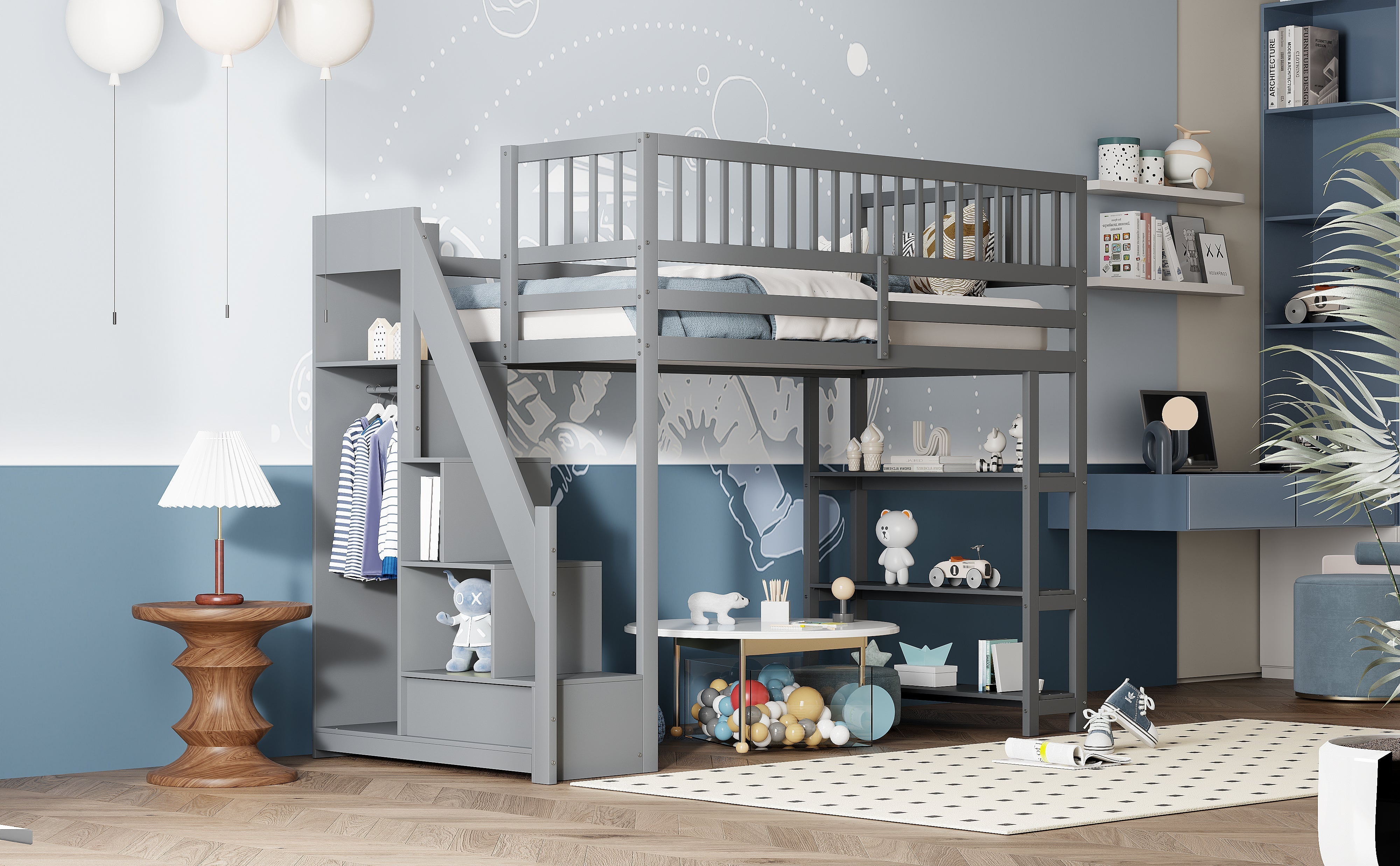 Loft Bed, 90x200 Multifunctional with Wardrobe & Storage, Grey Wooden
