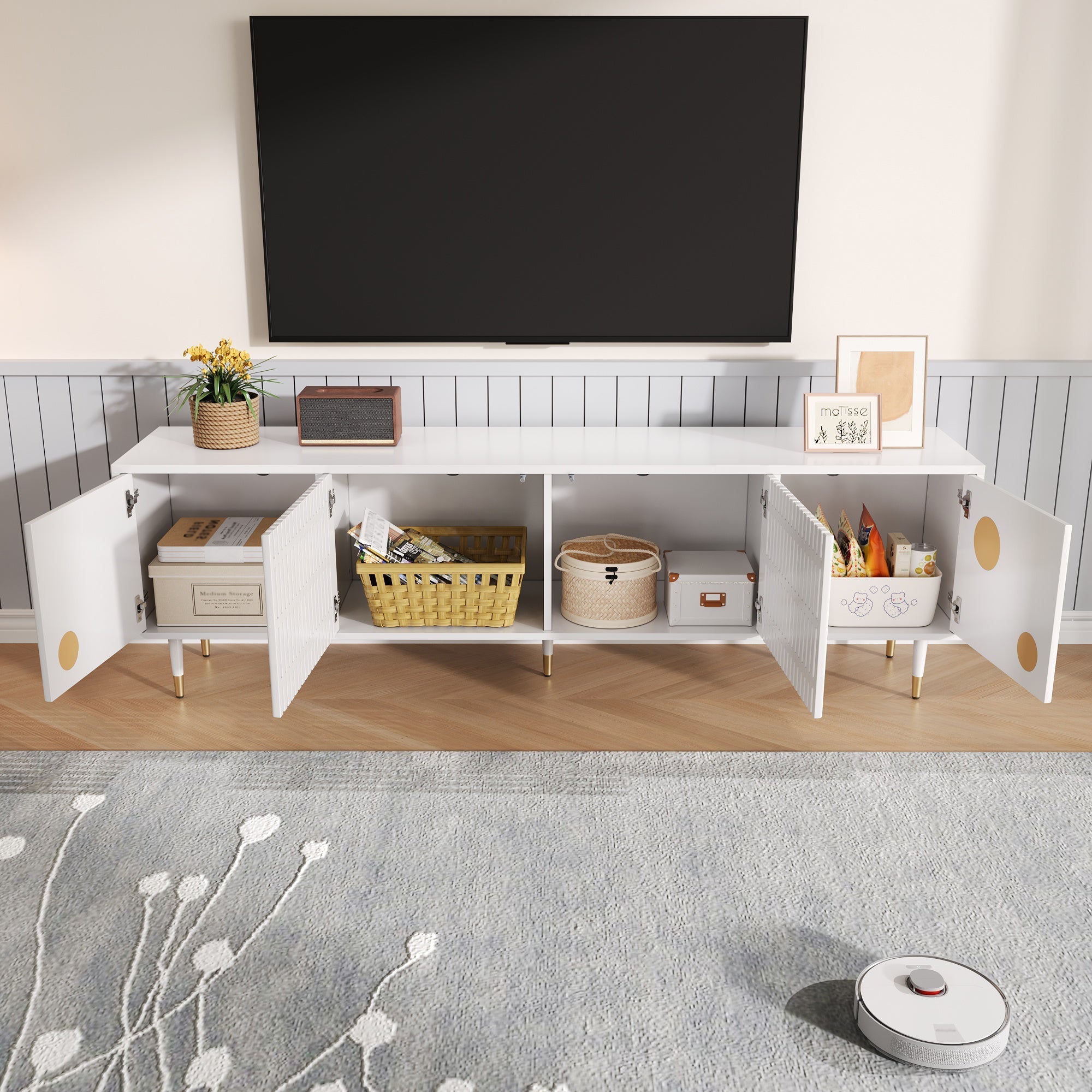 TV Cabinet, Lattice & Hidden Handles, Solid Wood Doors, Gold Decor