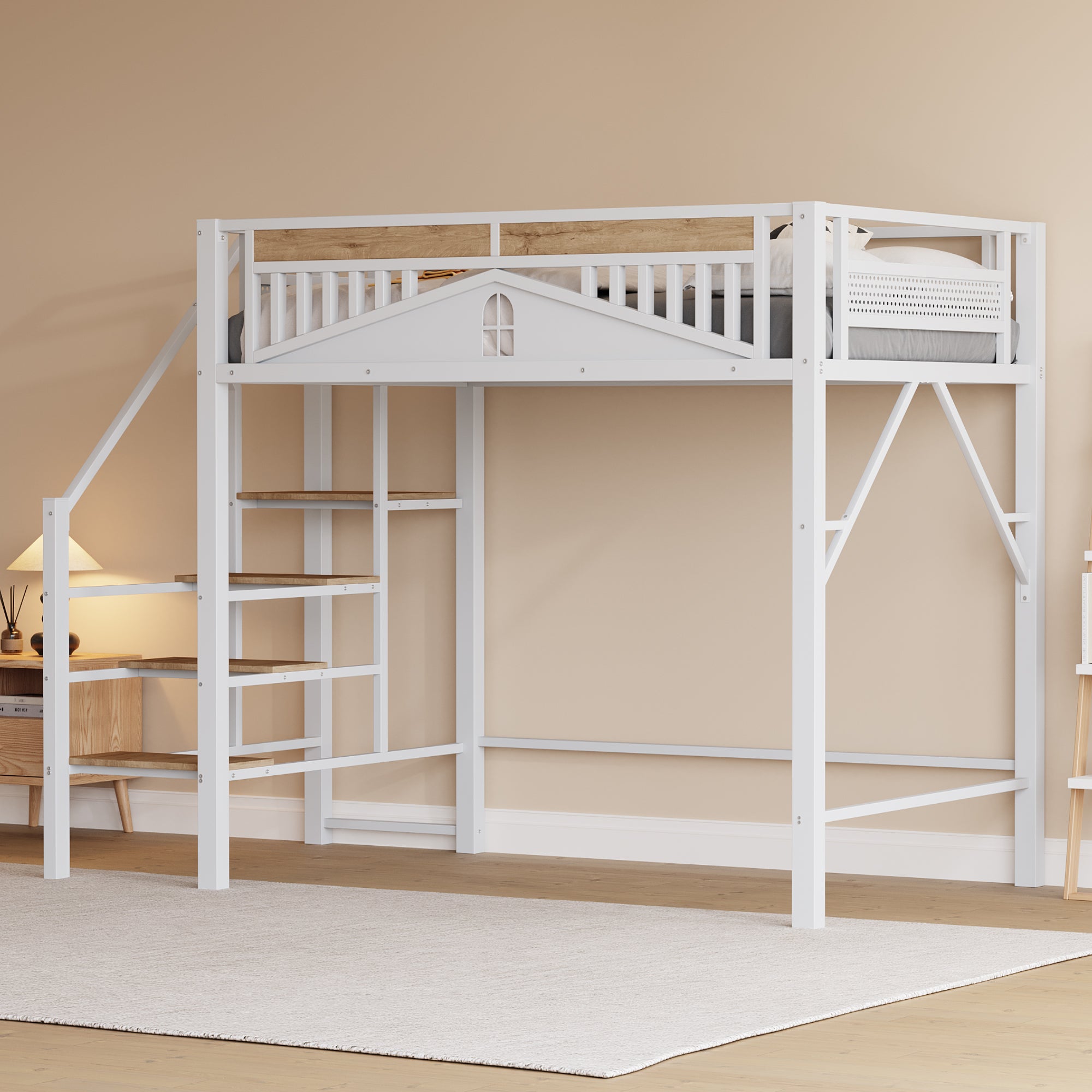 Metal Loft Bed, 140x200cm with Window Design, Safety Ladder, Storage, White