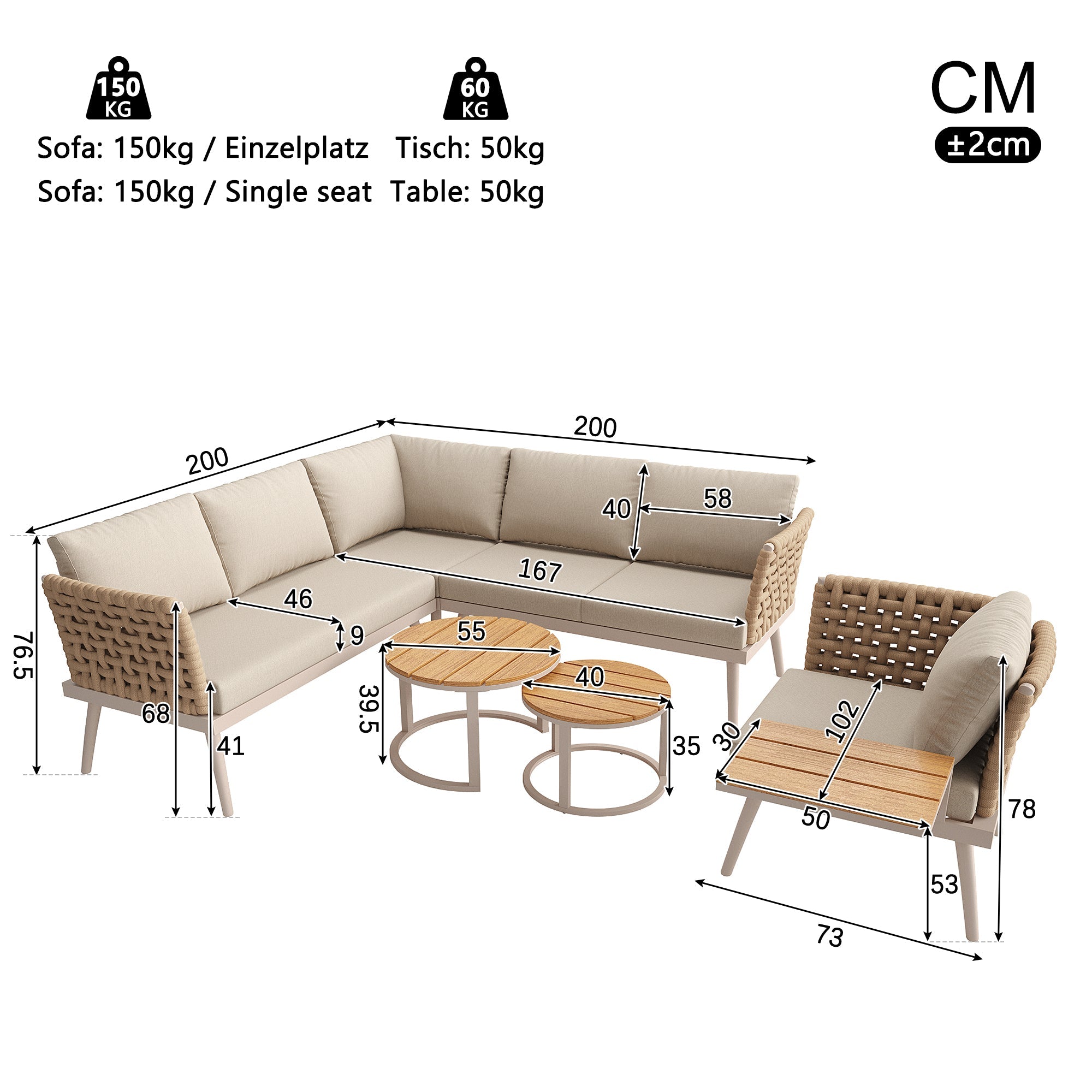 Six-Seater L-Shaped Garden Sofa Set with Hand-Woven Armrests and Coffee Tables, Grey and Beige