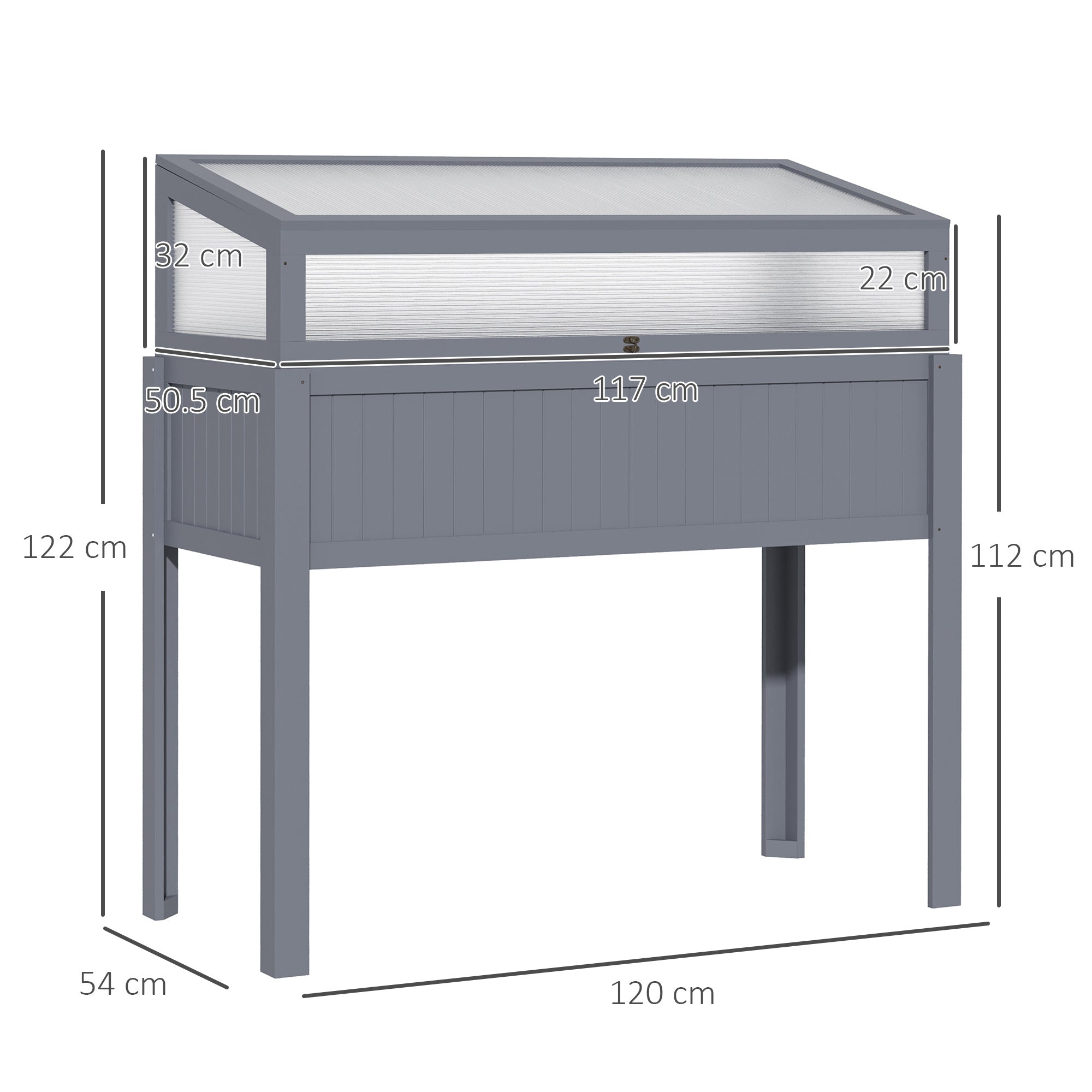 Raised Garden Bed with Cold Frame 2-in-1 Greenhouse 120x54x112/122cm, Wooden Polycarbonate Grey