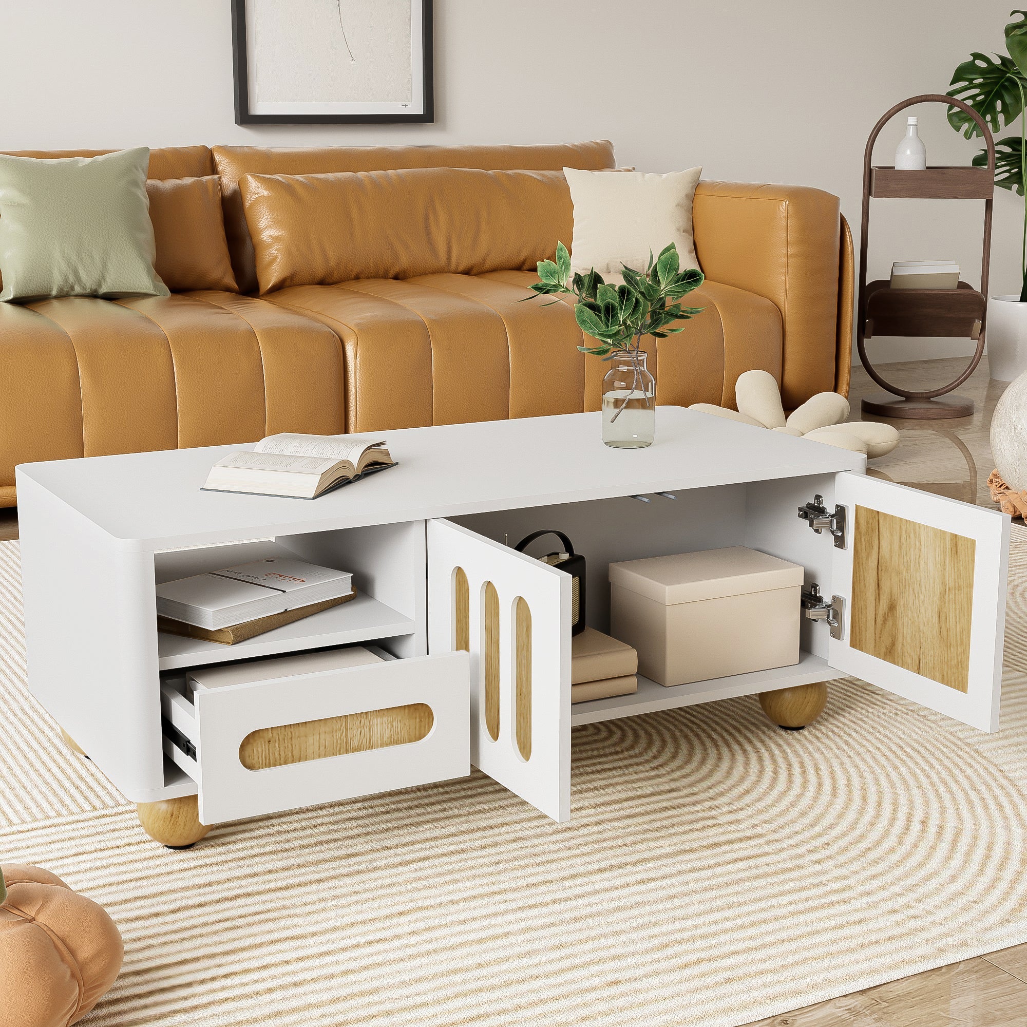 Coffee Table, 105x50x40 cm, 4 Doors, 2 Drawers, LED Light, White Wood