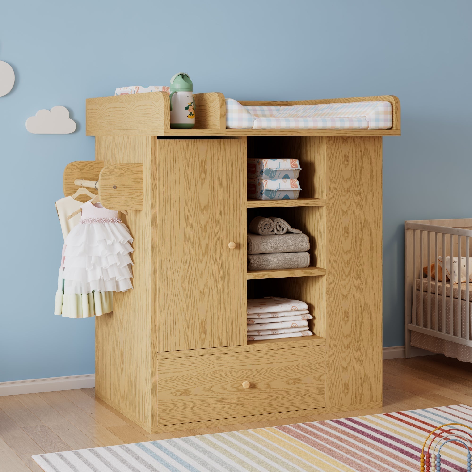 Changing Table with Cabinet, Drawer and Side Storage, Natural Wood Color