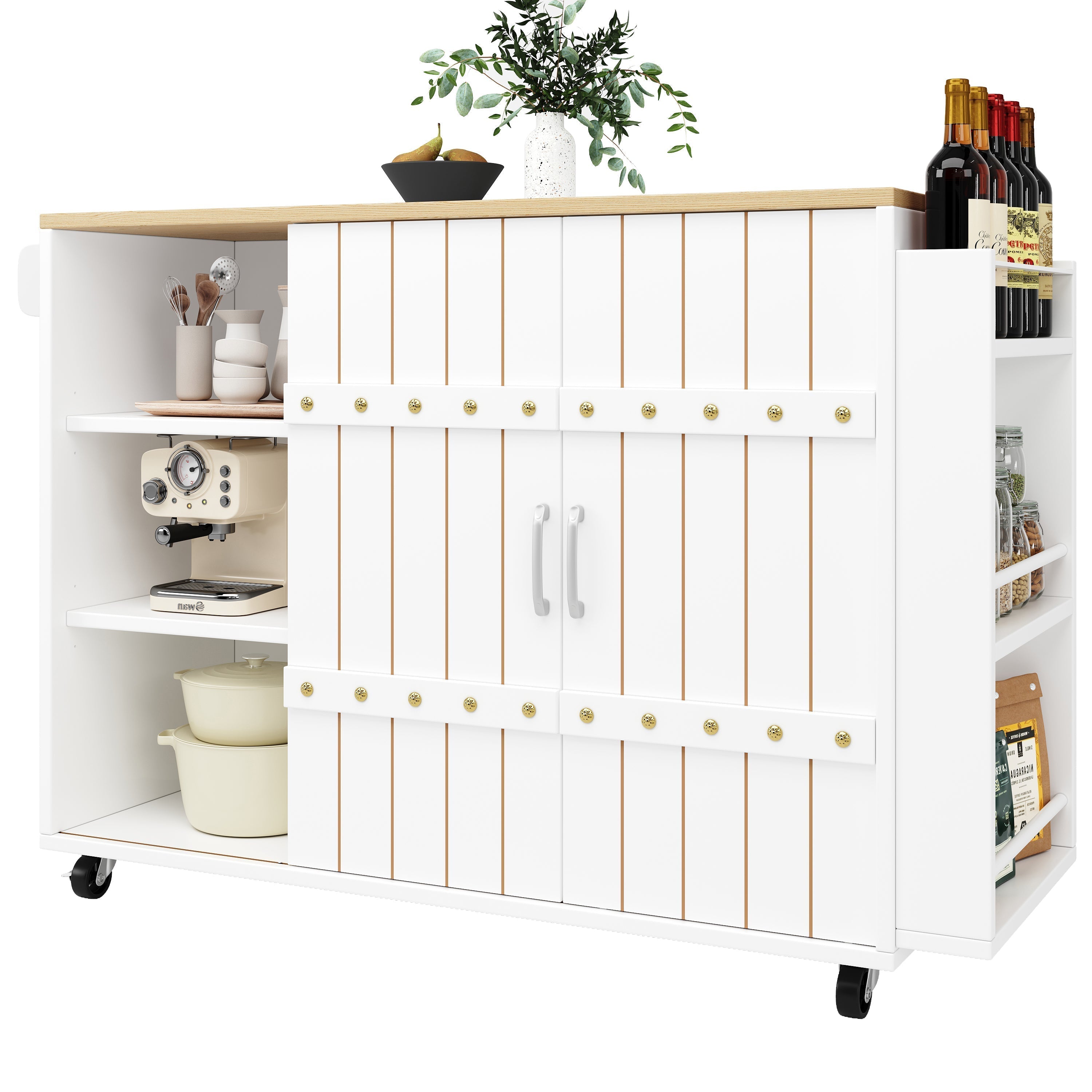 Kitchen Island Serving Cart with Wheels, Worktop, Sliding Doors & Drawers - White
