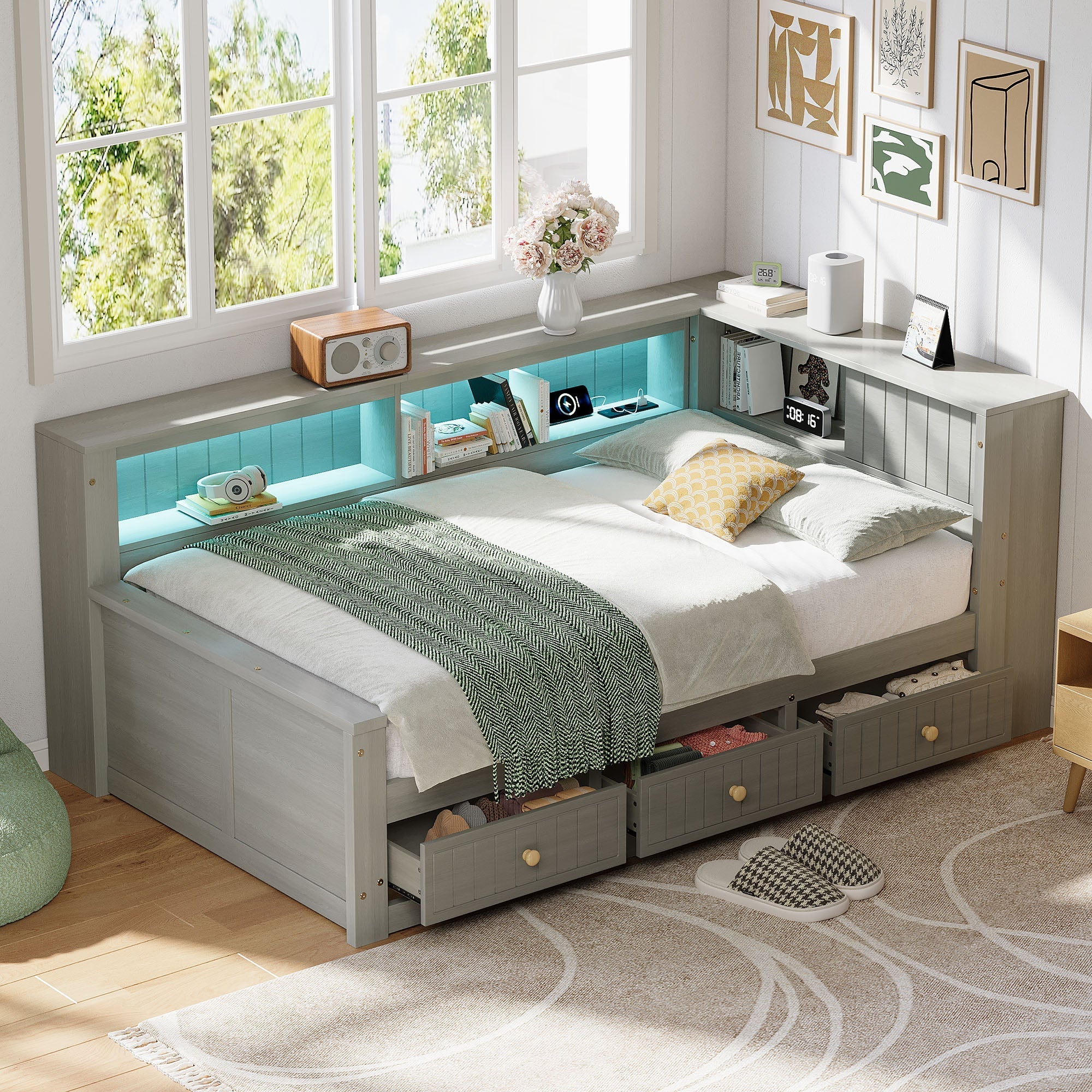Wooden Daybed with Storage Compartments and 3 Drawers, 90 x 200 cm, Grey