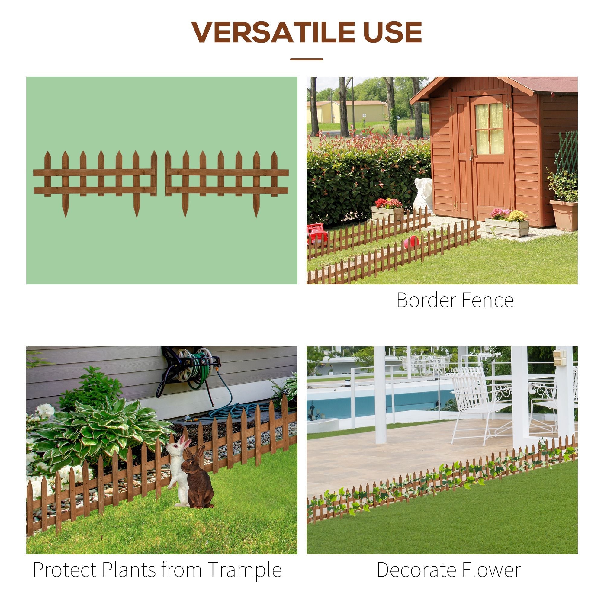 Wooden Border Fences for Lawn Edging, Pack of 12, Brown