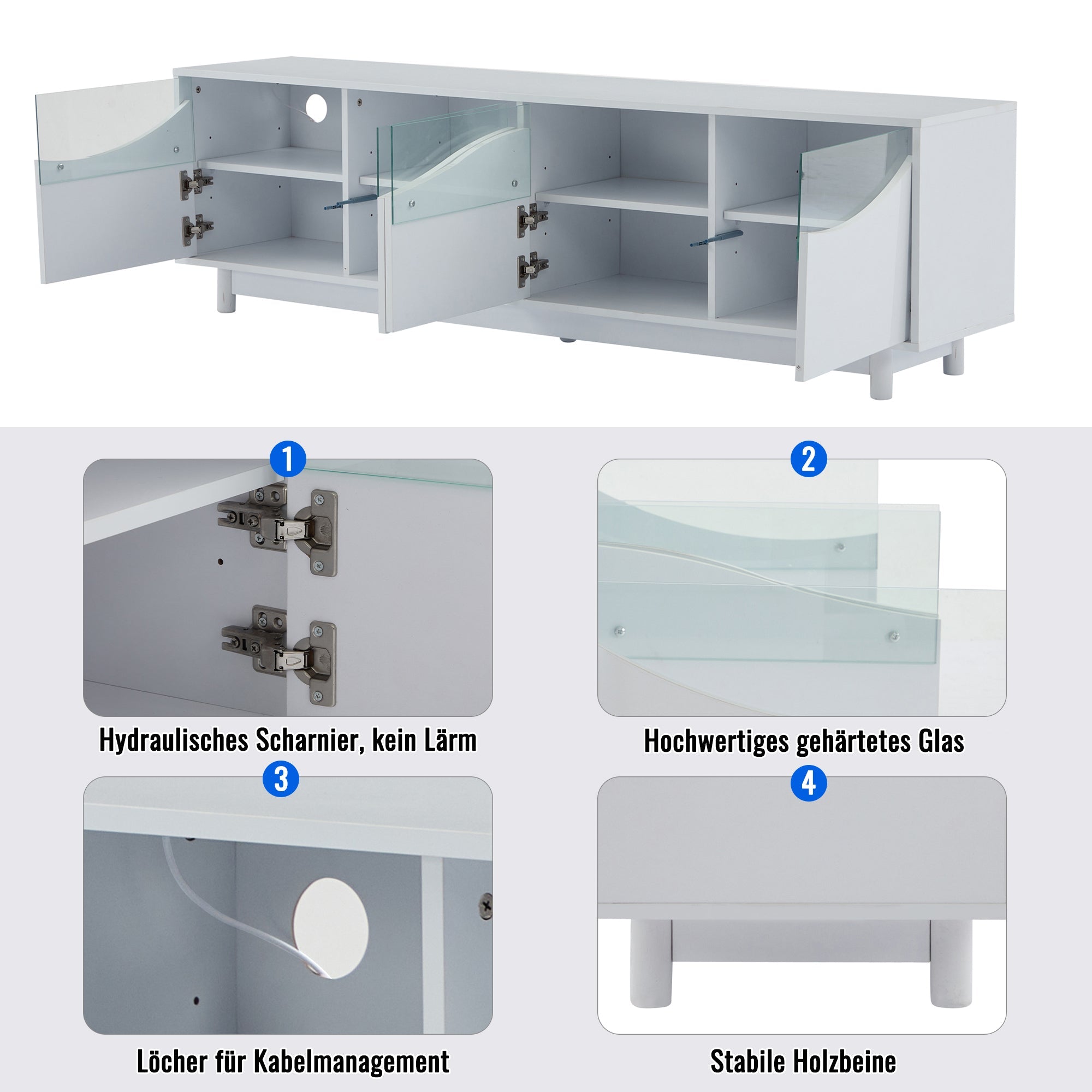 TV Cabinet, Curved High-Gloss with Tempered Glass Door & LED Lighting, White